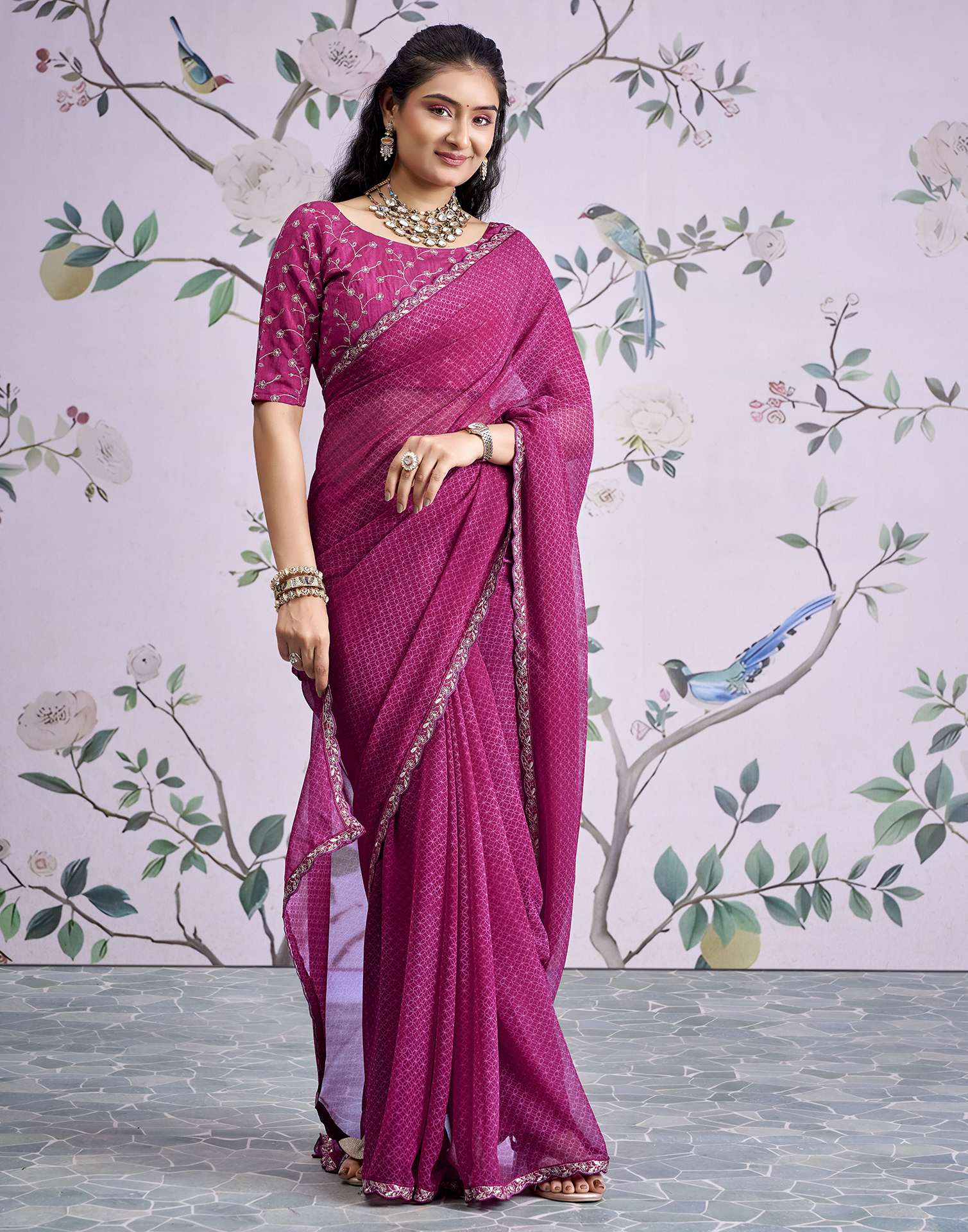 Magenta Georgette Printed Lace Saree - Image 4