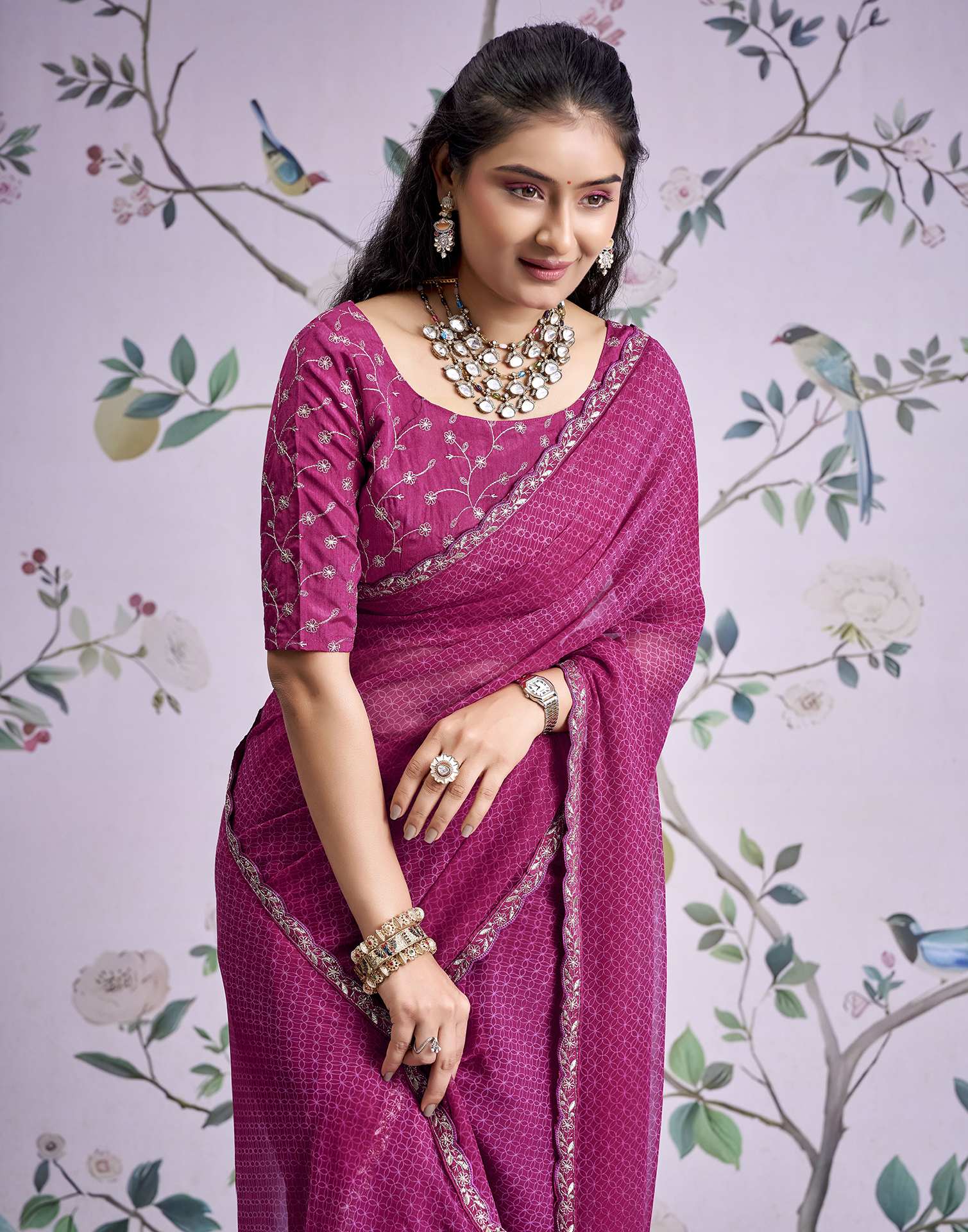 Magenta Georgette Printed Lace Saree - Image 6
