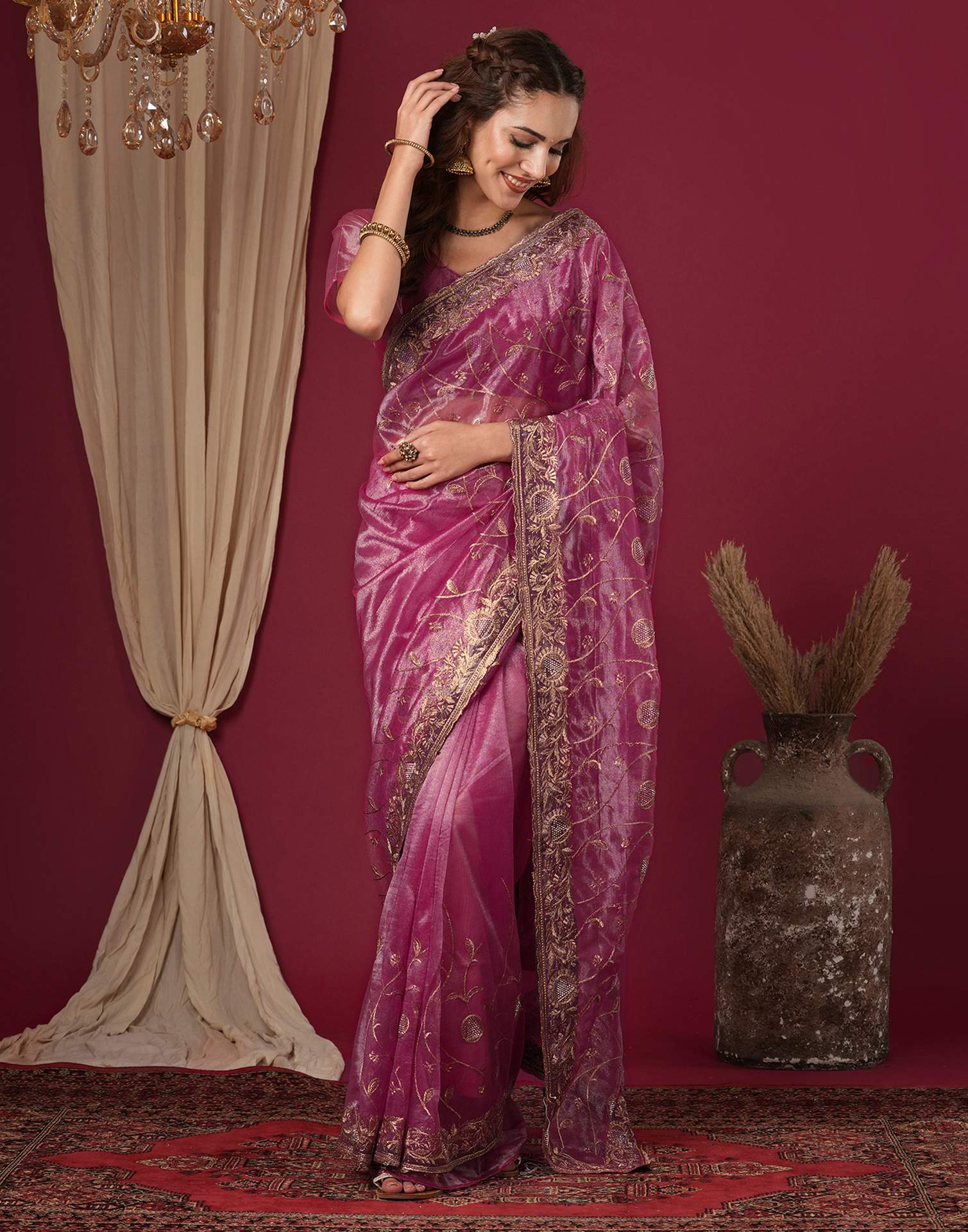 Magenta Shimmer Embroidery Saree - Image 4