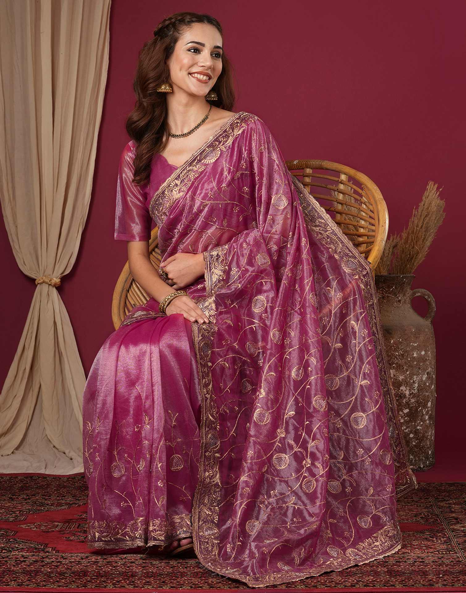 Magenta Shimmer Embroidery Saree - Image 5