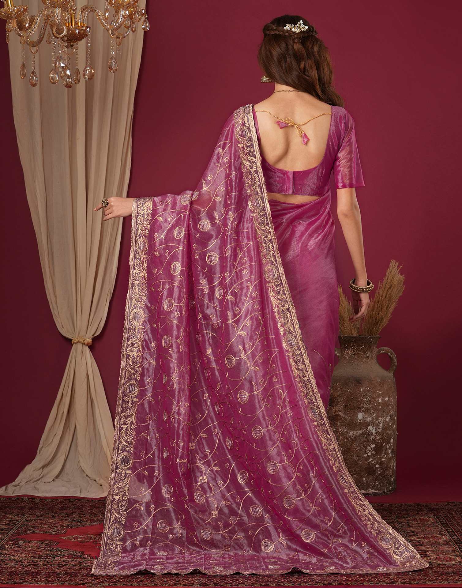 Magenta Shimmer Embroidery Saree - Image 6