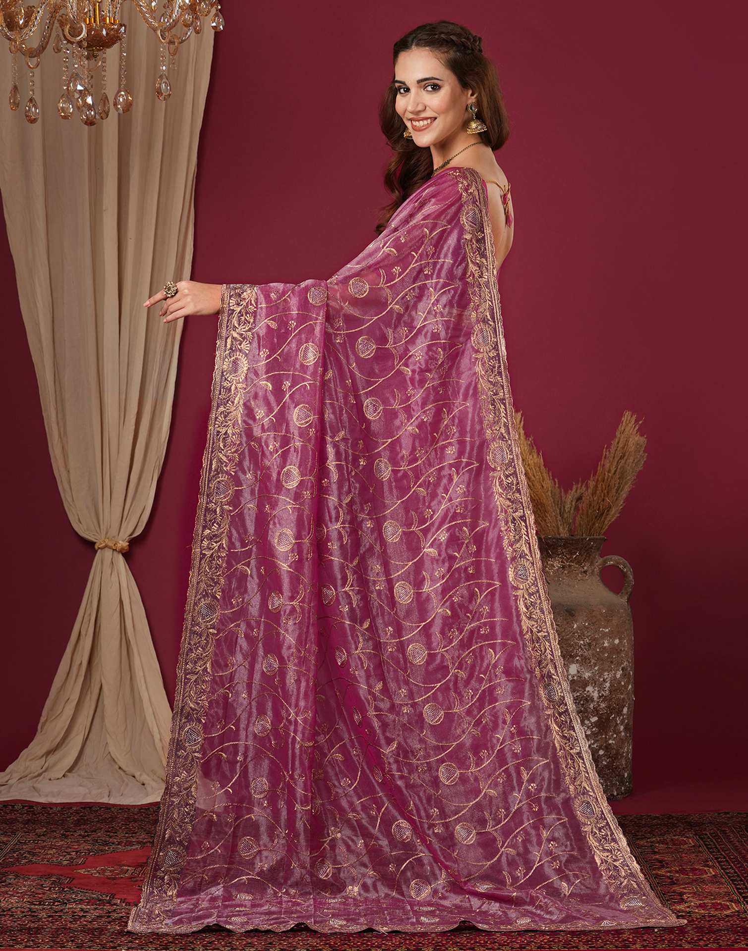 Magenta Shimmer Embroidery Saree - Image 7