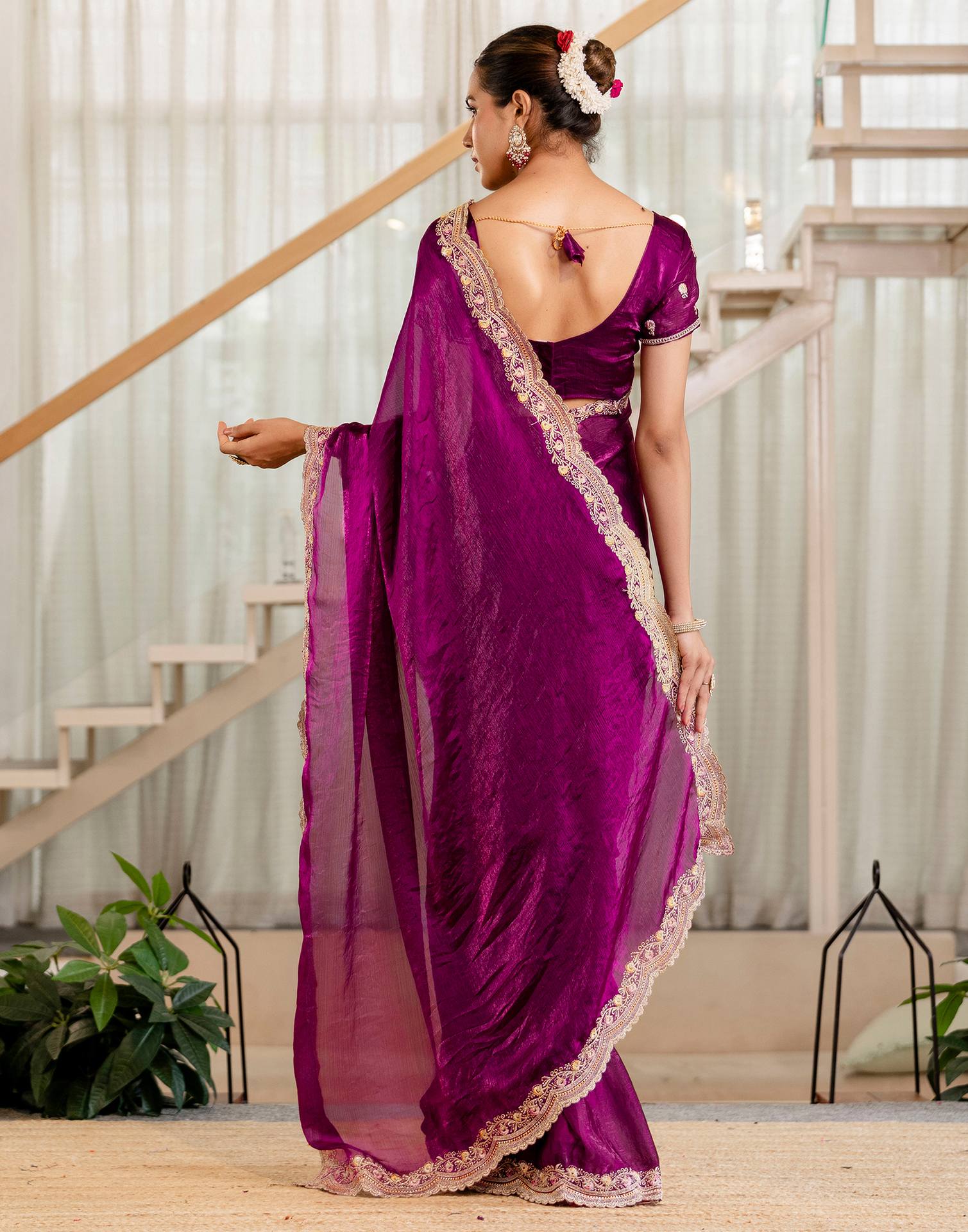 Magenta Shimmer Embroidery Saree - Image 6