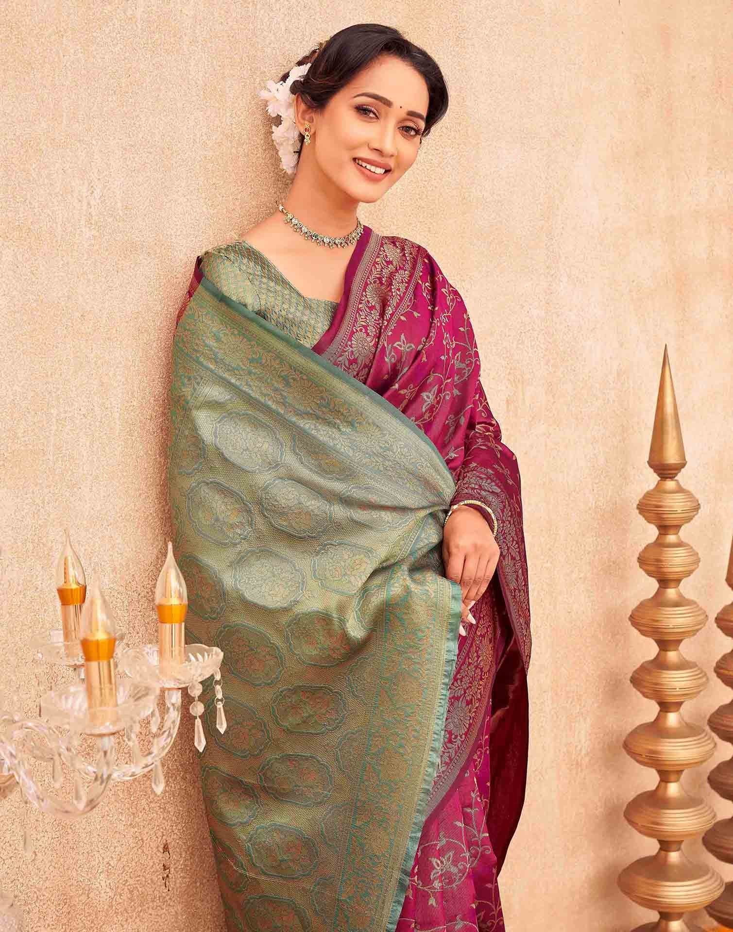 Magenta Shimmer Silk Woven Banarasi Saree - Image 2