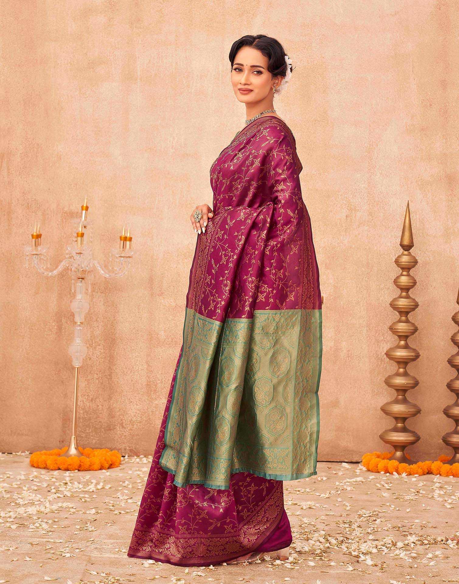 Magenta Shimmer Silk Woven Banarasi Saree - Image 4