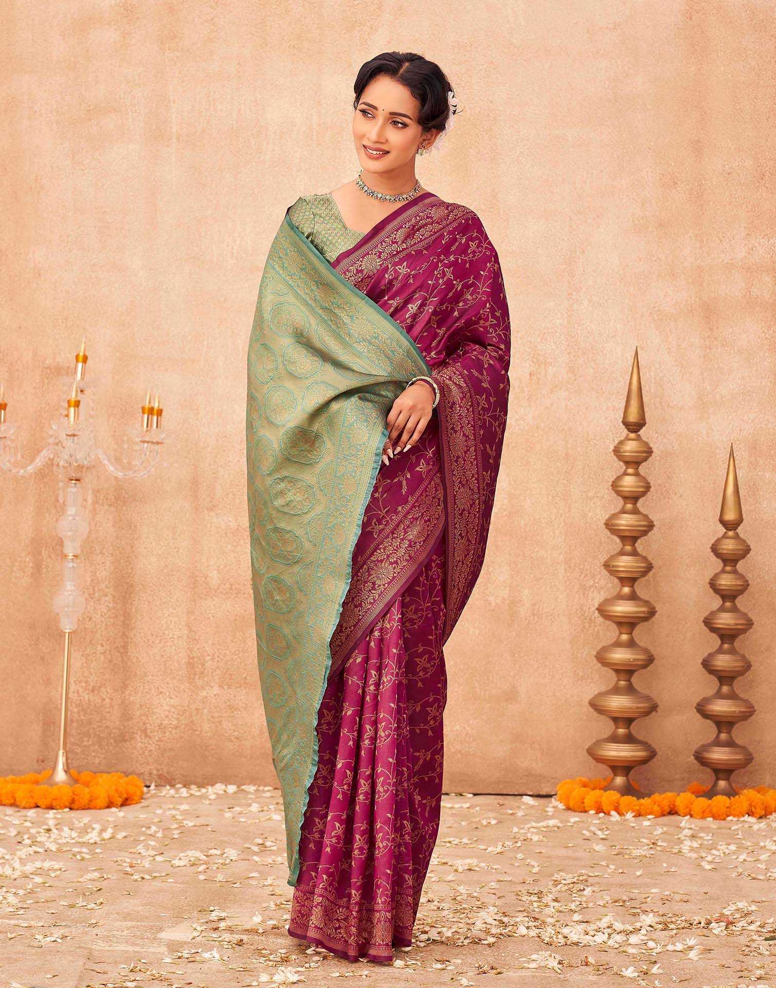 Magenta Shimmer Silk Woven Banarasi Saree - Image 5