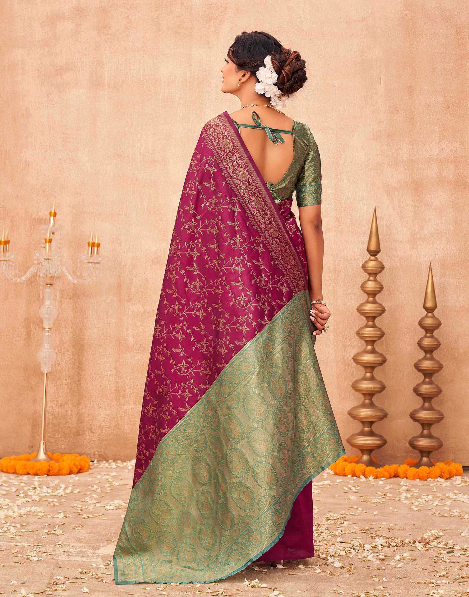 Magenta Shimmer Silk Woven Banarasi Saree - Image 6