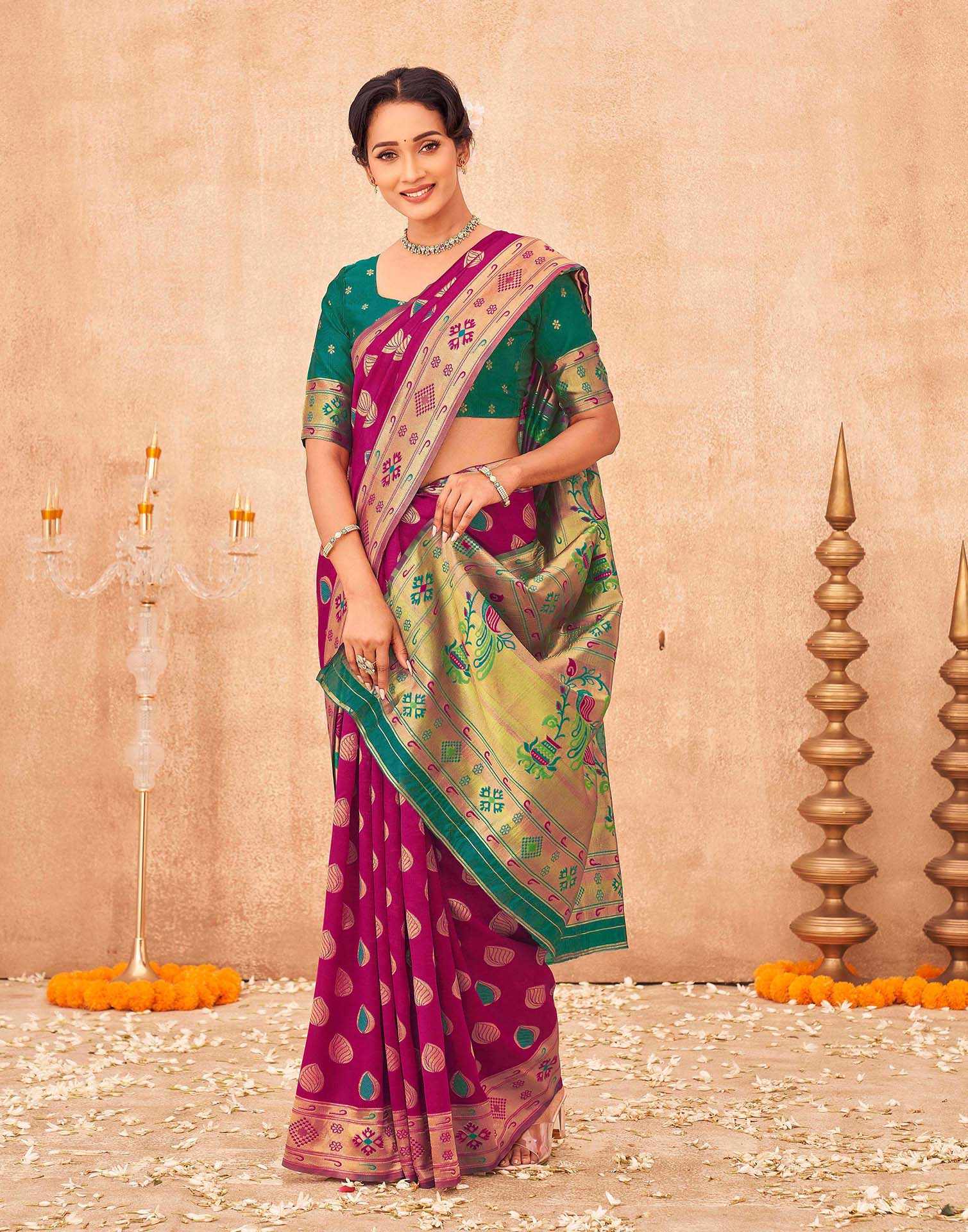 Magenta Shimmer Silk Woven Paithani Saree - Image 5