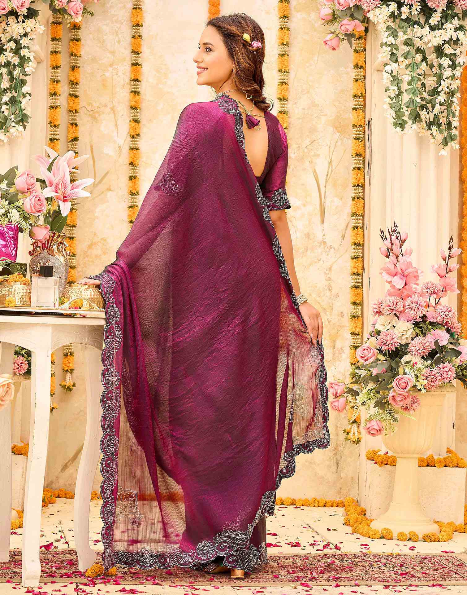 Magenta Shimmer Stone Work Embellished Saree - Image 6