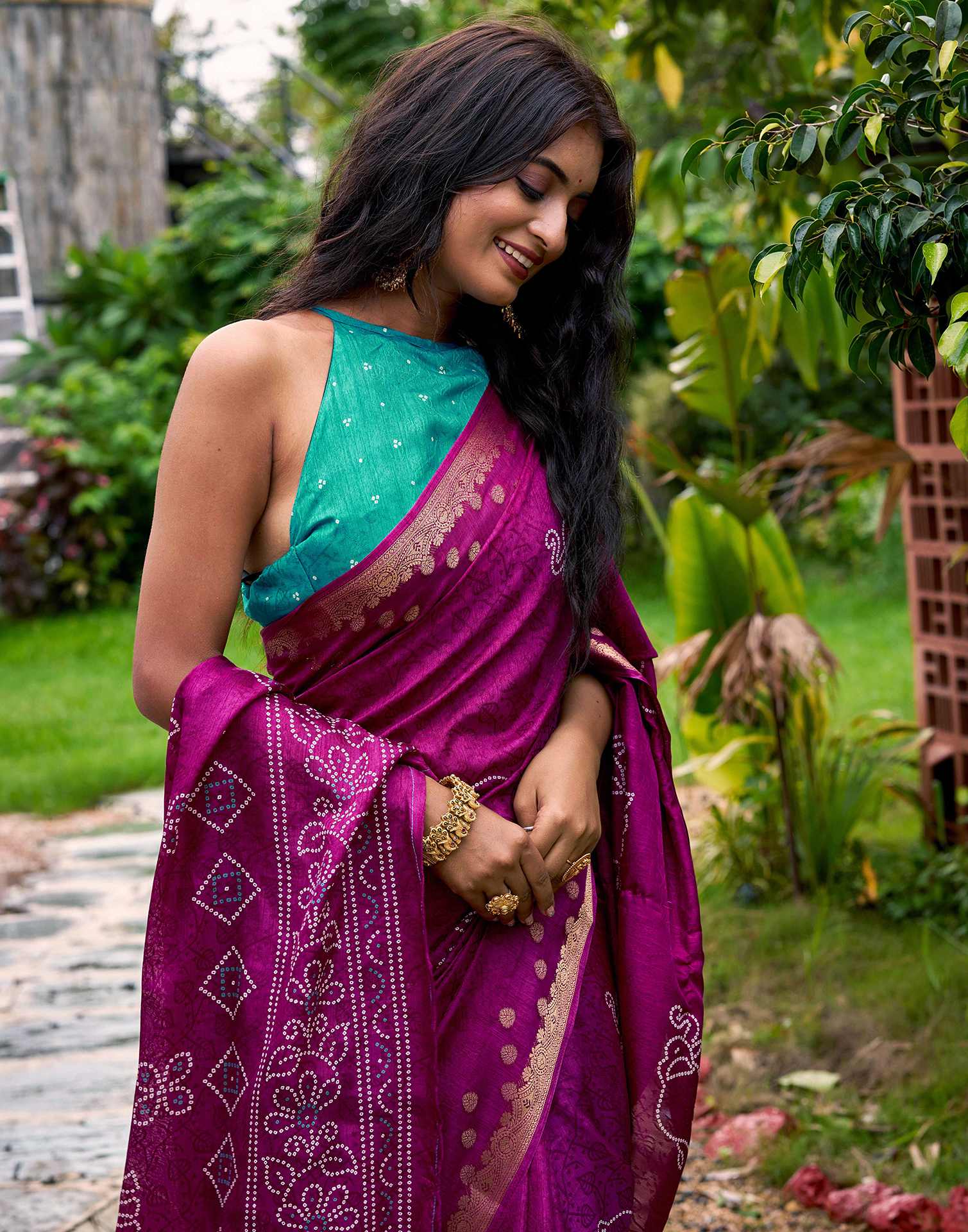 Magenta Silk Bandhani Printed Saree - Image 2