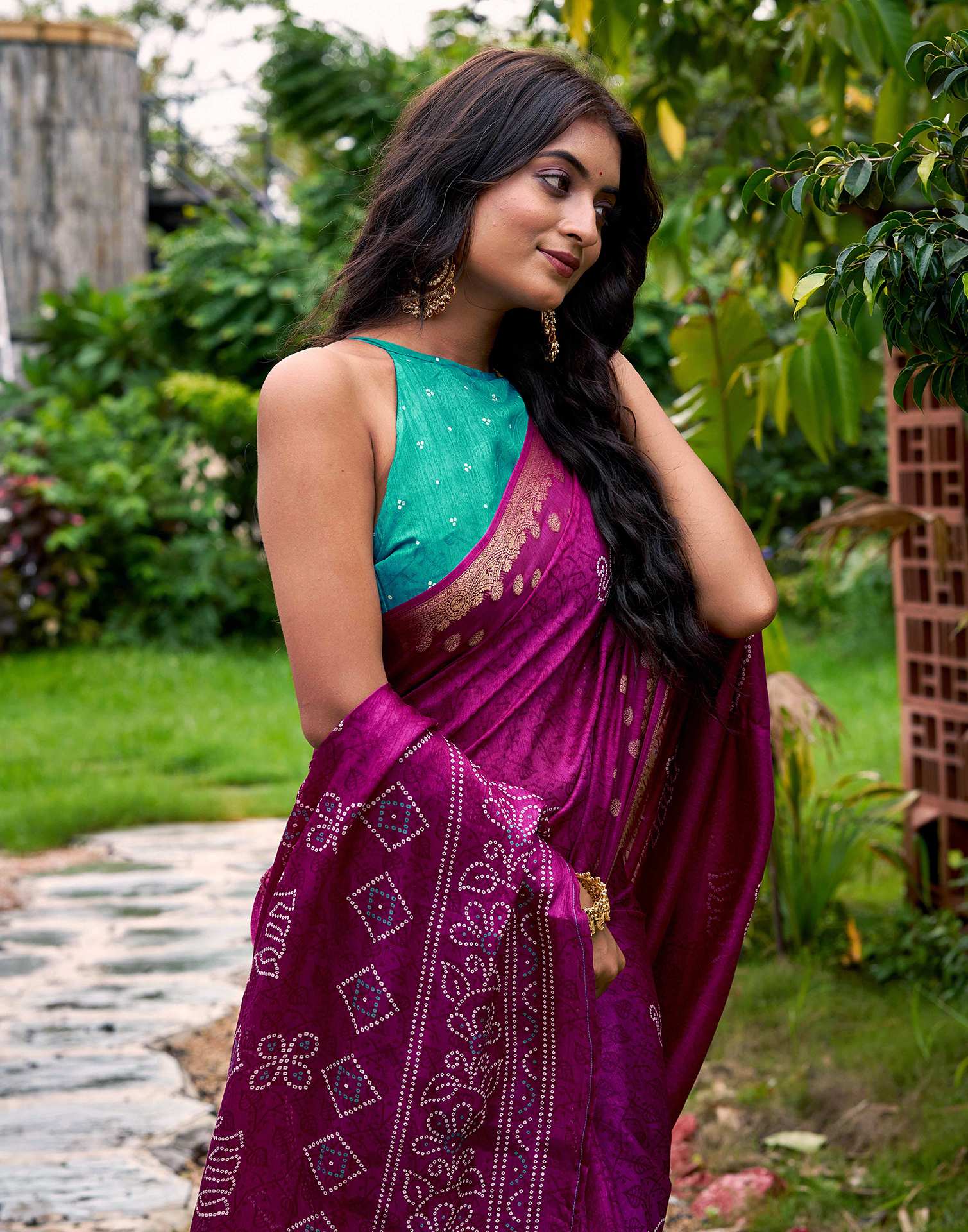 Magenta Silk Bandhani Printed Saree - Image 4