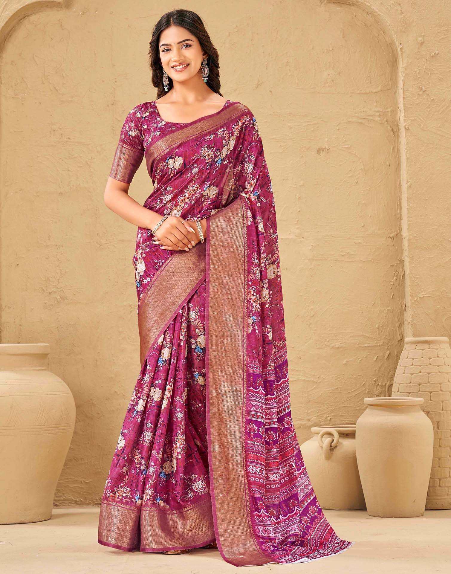 Magenta Silk Floral Printed Woven Border Saree