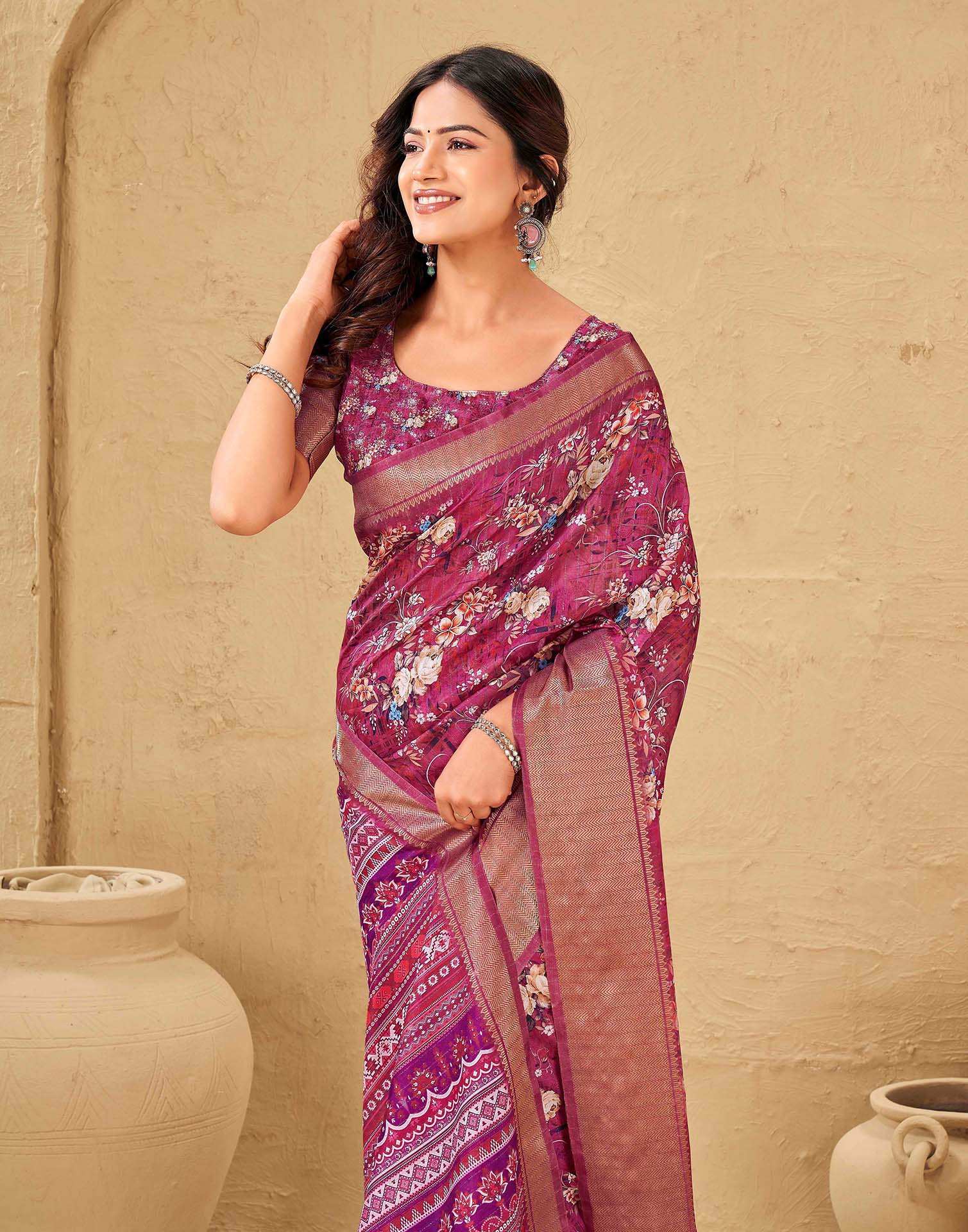 Magenta Silk Floral Printed Woven Border Saree - Image 2