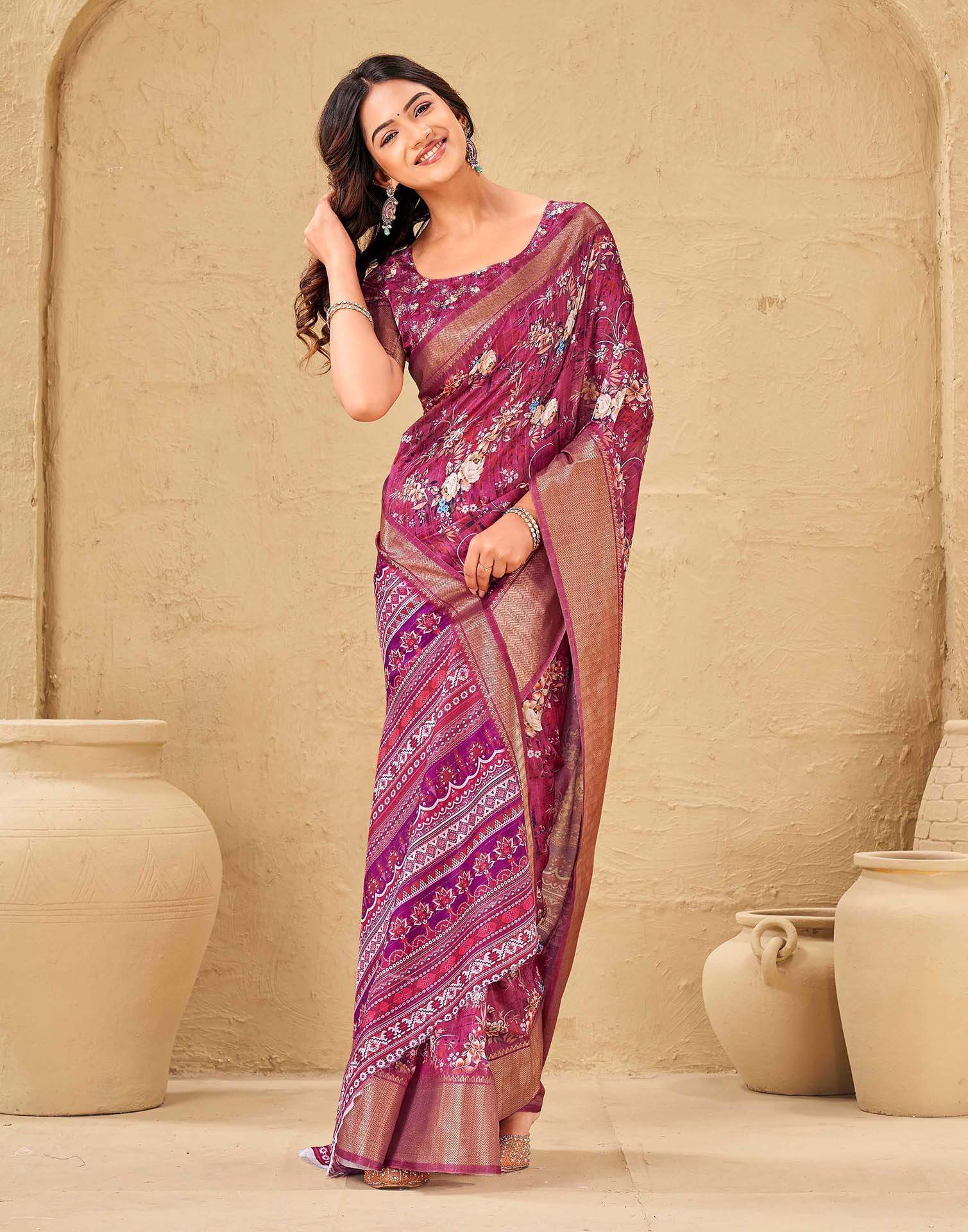 Magenta Silk Floral Printed Woven Border Saree - Image 5