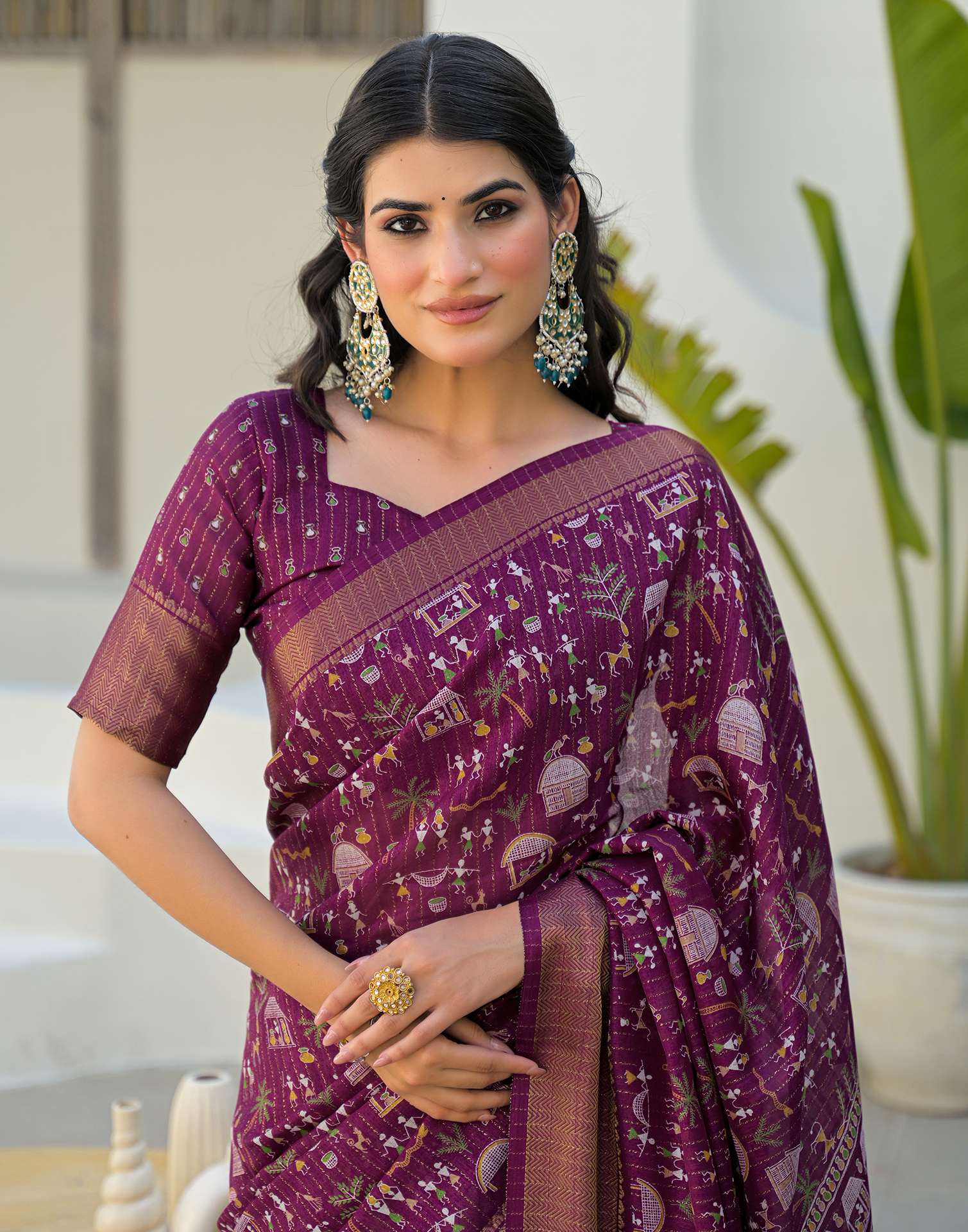 Magenta Silk Printed Zari Stripe SareeĀ