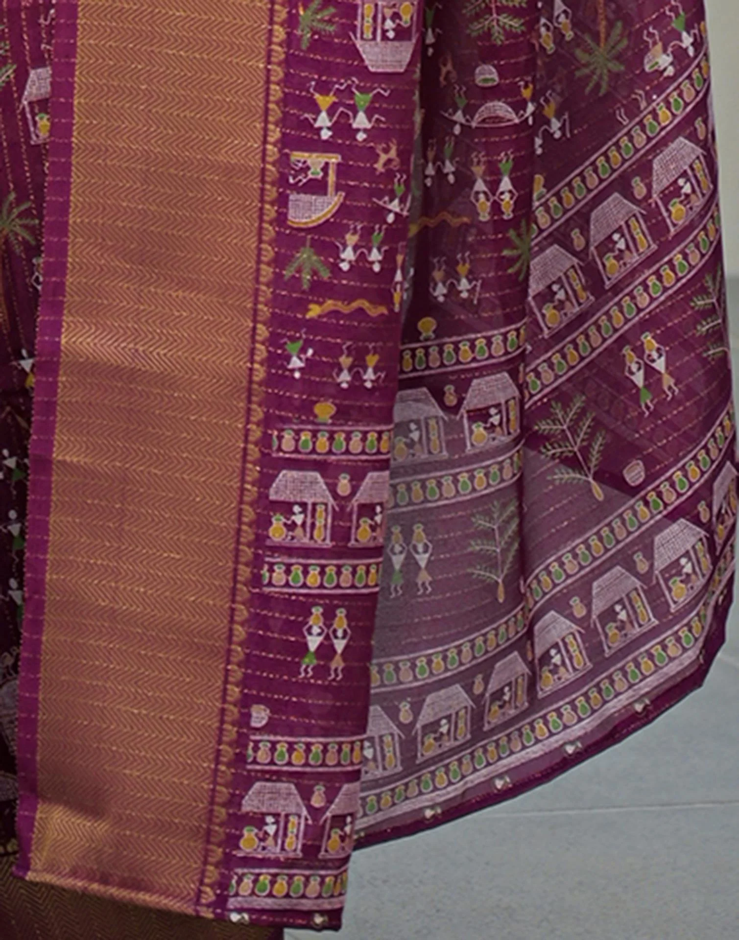 Magenta Silk Printed Zari Stripe SareeĀ - Image 11