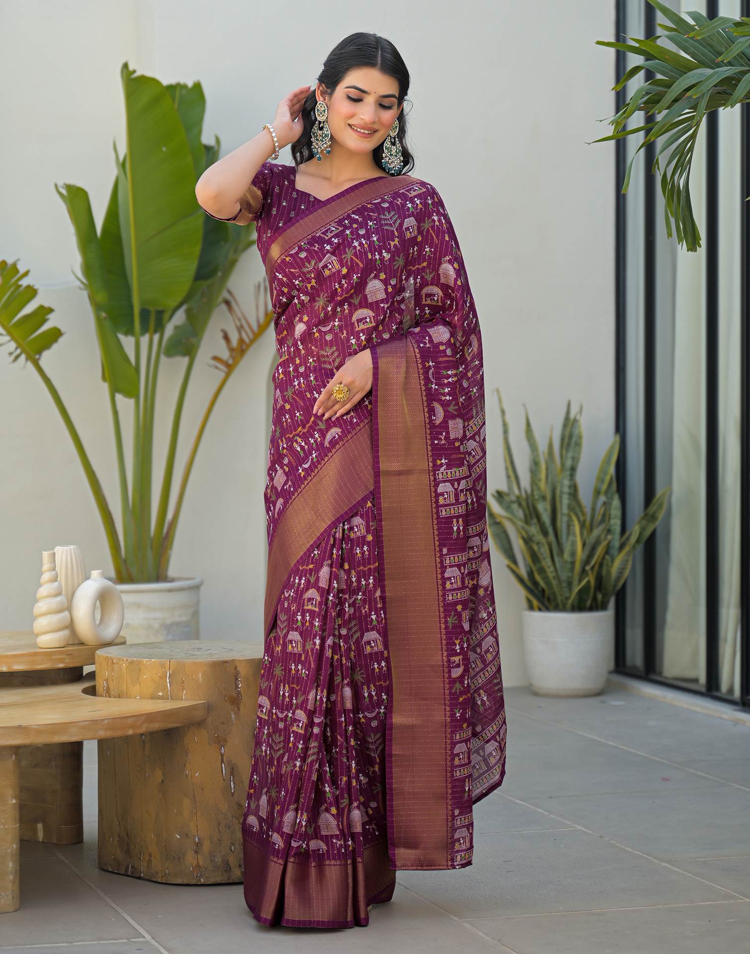 Magenta Silk Printed Zari Stripe SareeĀ - Image 6