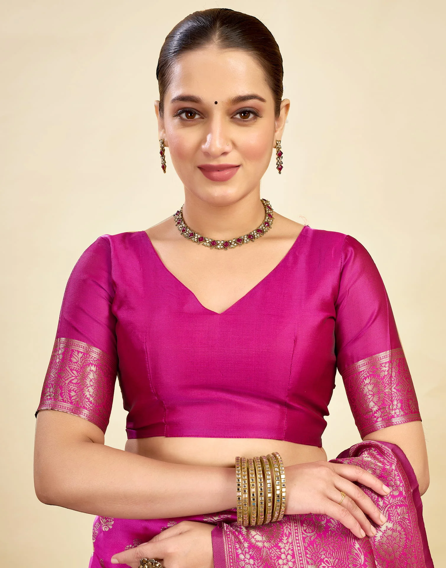 Pink Silk Blend Woven Banarasi Saree - Image 10