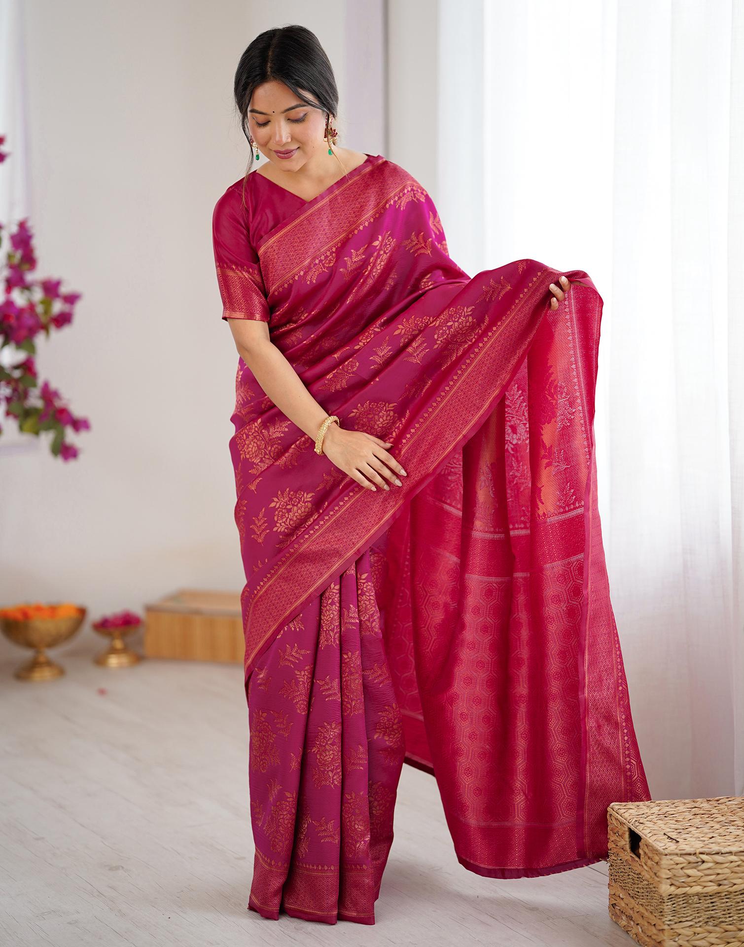 Magenta Silk Woven Banarasi Saree - Image 8