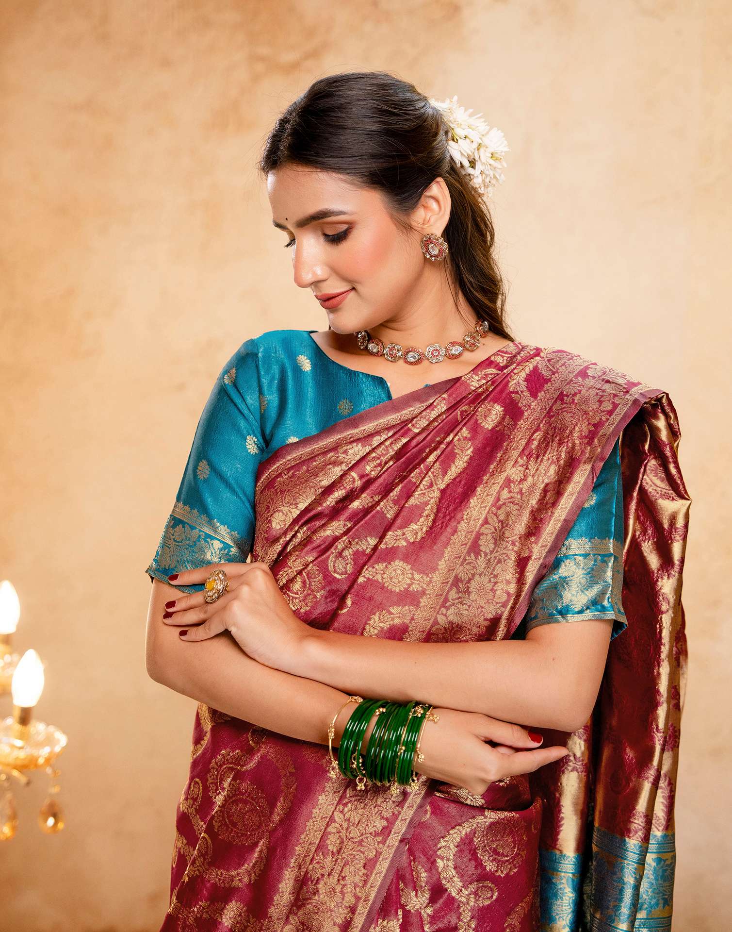 Magenta Silk Woven Banarasi Saree - Image 2