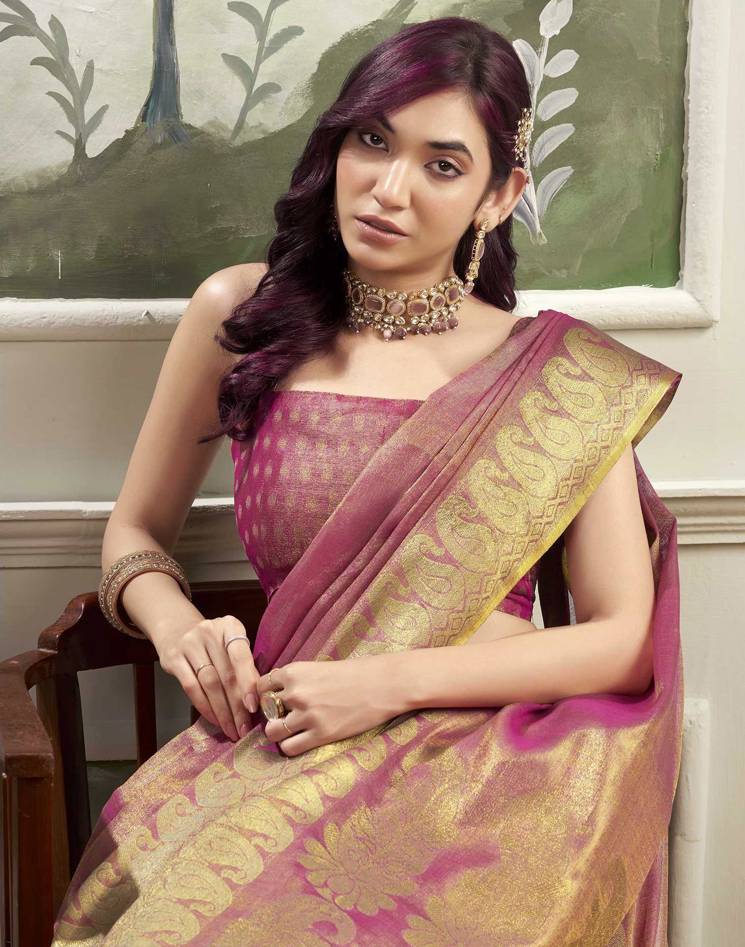 Magenta Tissue Silk Woven Kanjivaram Saree - Image 4