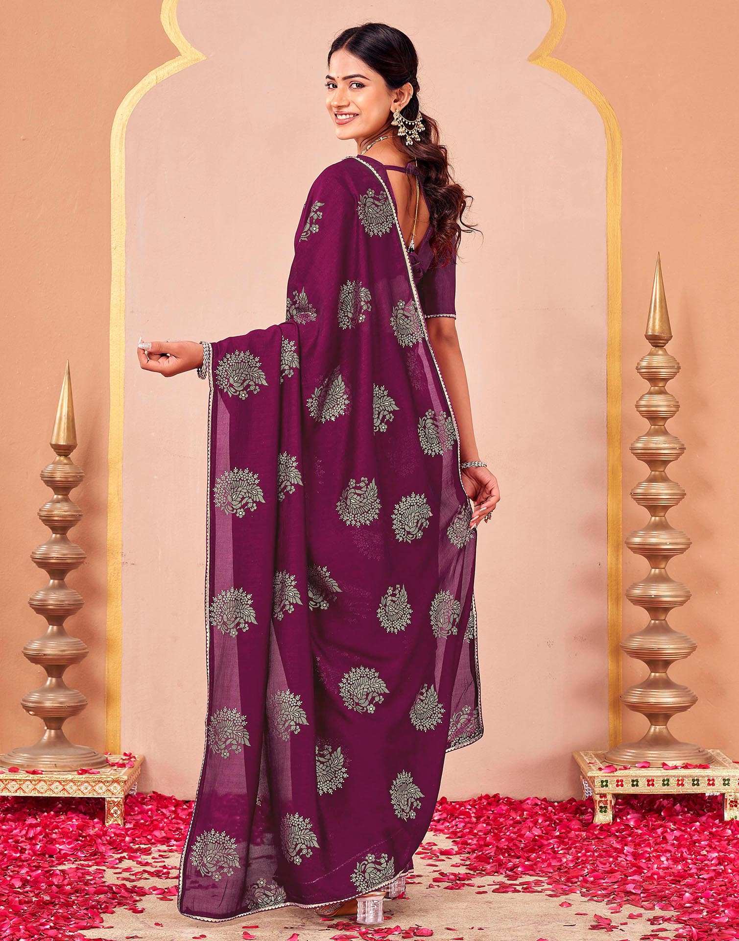 Magenta Vichitra Silk Foil Printed Gota Lace Saree - Image 6