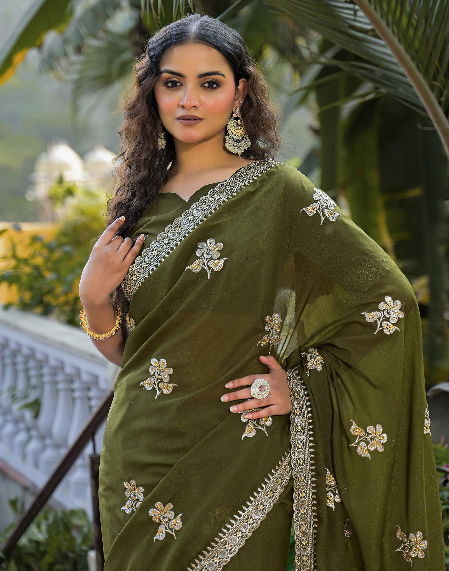 Mahendi Green Shimmer Embroidery Saree - Image 2