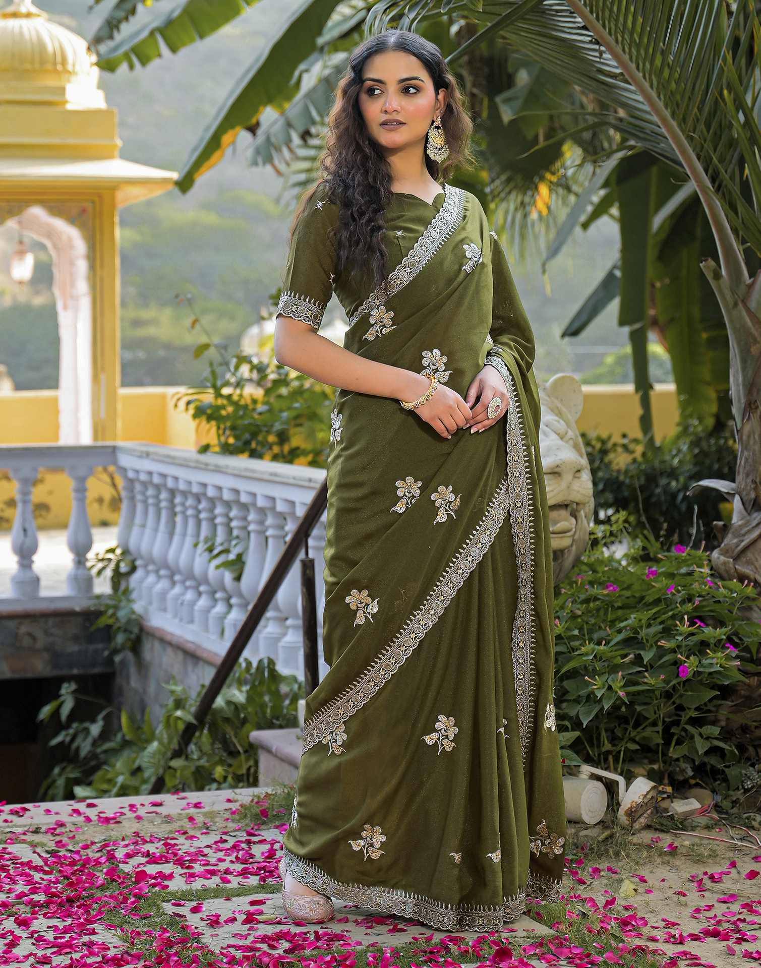 Mahendi Green Shimmer Embroidery Saree - Image 4