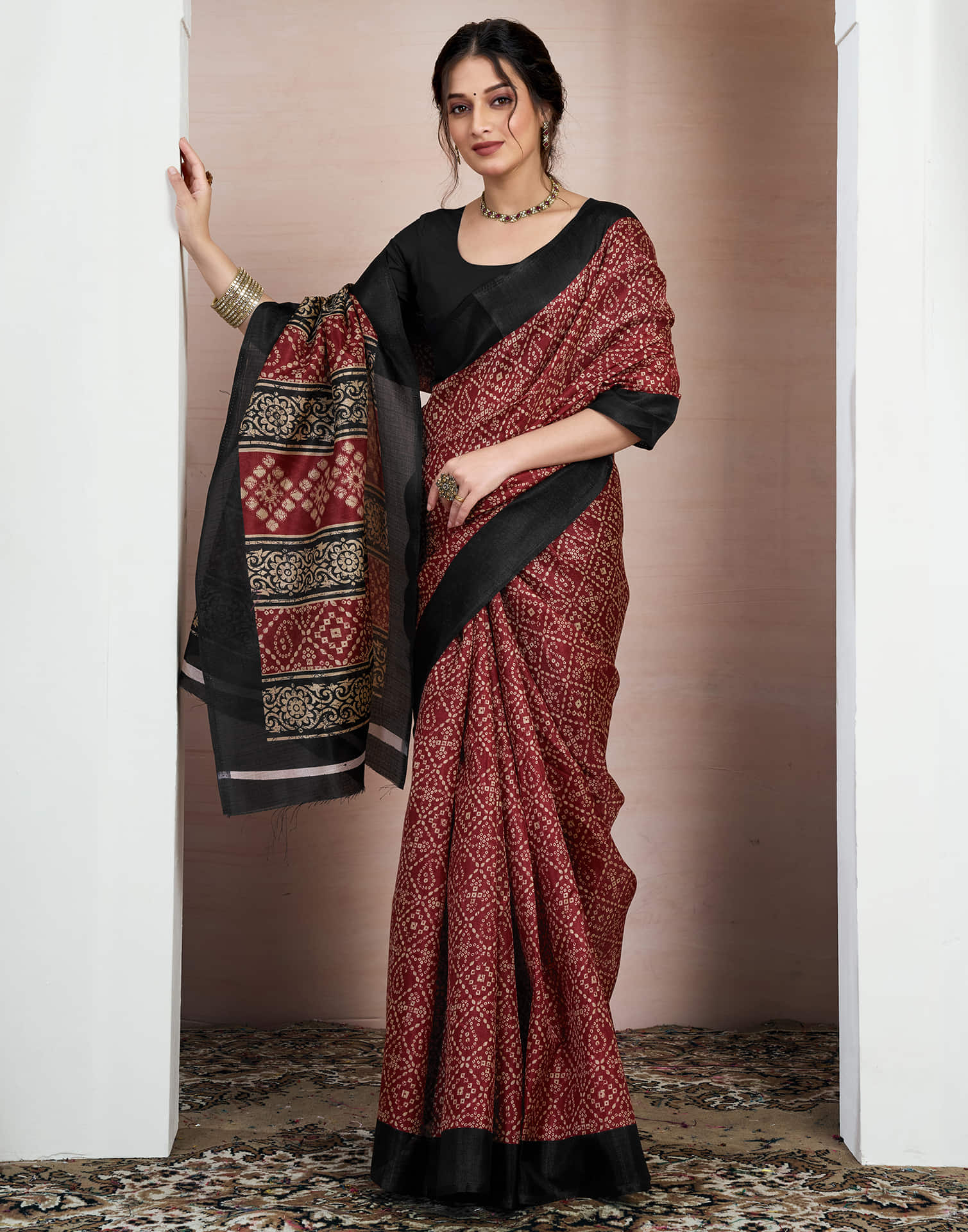 Maroon Bhagalpuri Silk Printed Saree - Image 4