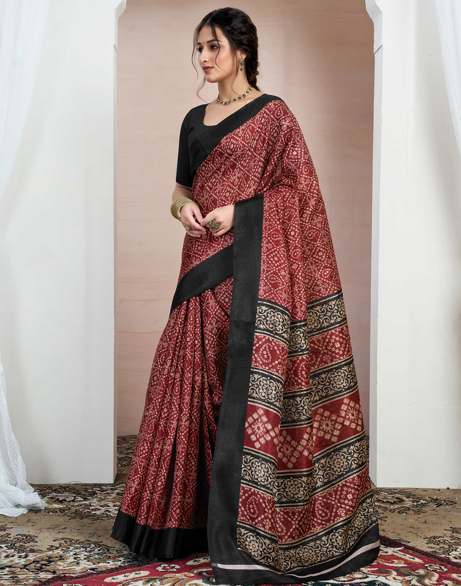Maroon Bhagalpuri Silk Printed Saree - Image 5