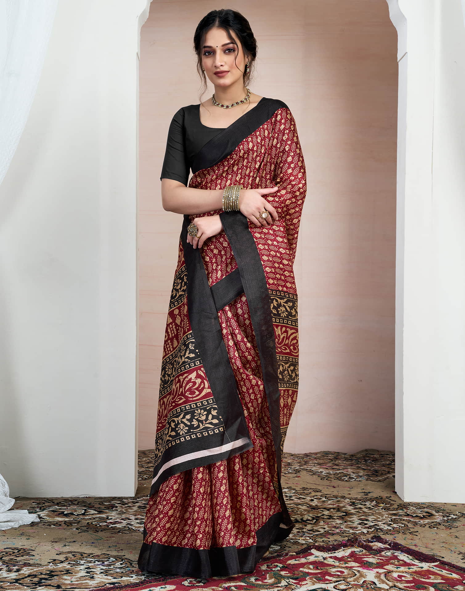 Maroon Bhagalpuri Silk Printed Saree - Image 4