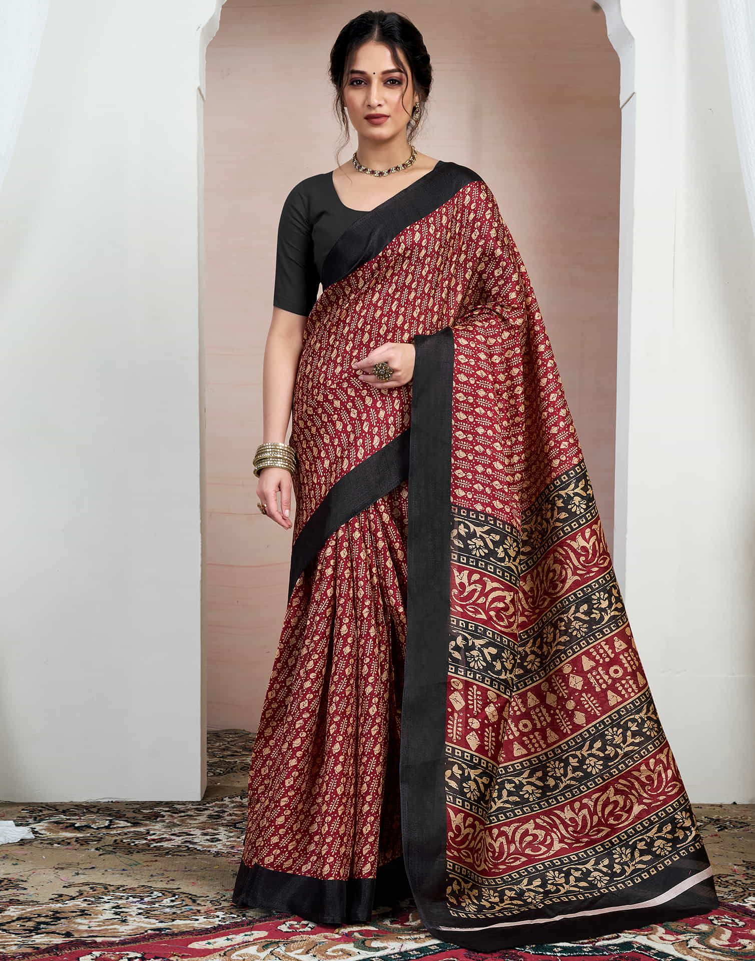 Maroon Bhagalpuri Silk Printed Saree - Image 5