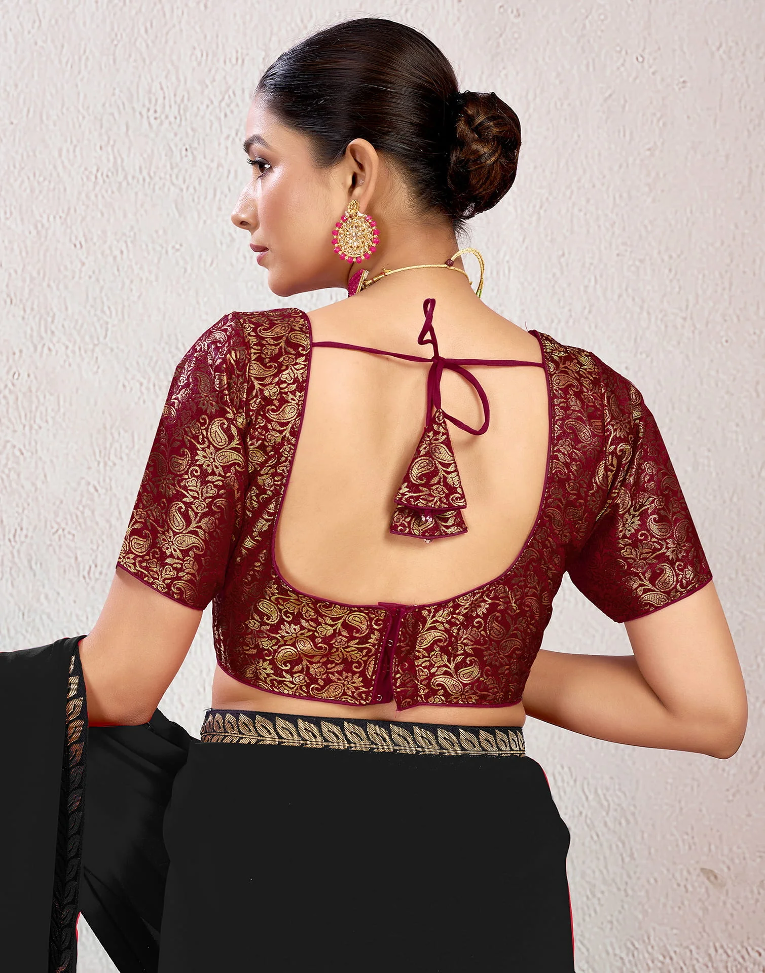 Maroon Brocade Plain Woven Blouse - Image 2