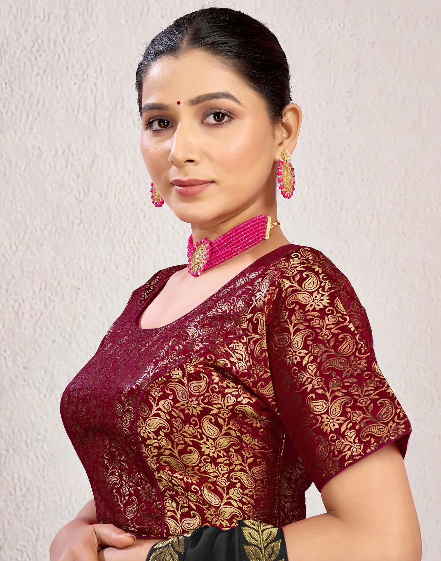 Maroon Brocade Plain Woven Blouse - Image 4