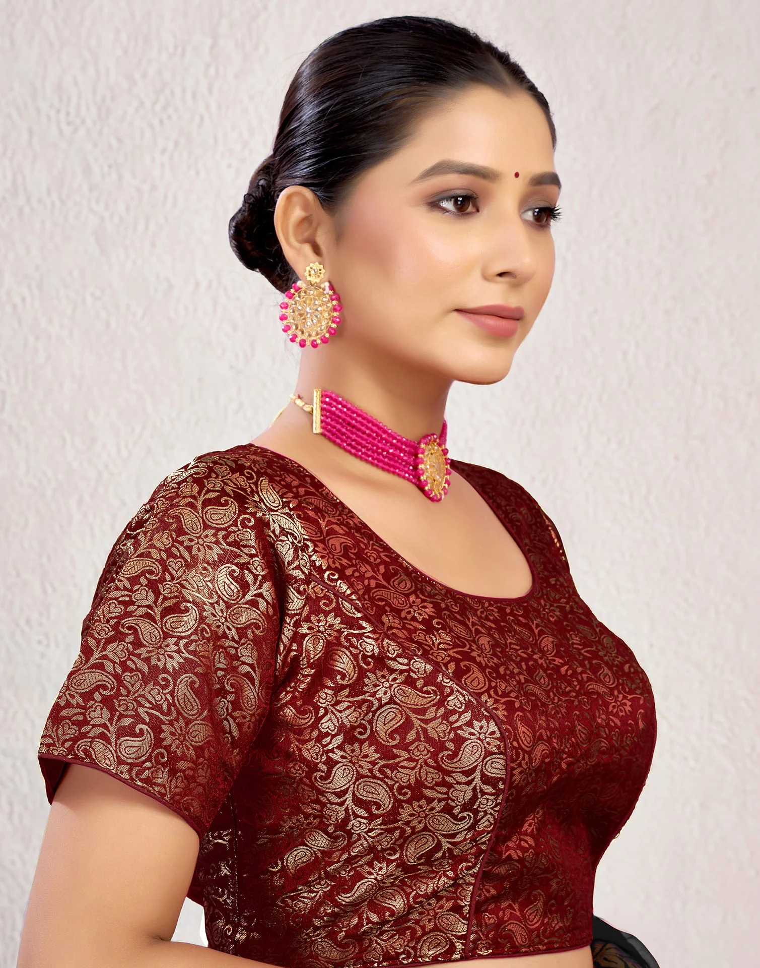 Maroon Brocade Plain Woven Blouse - Image 5