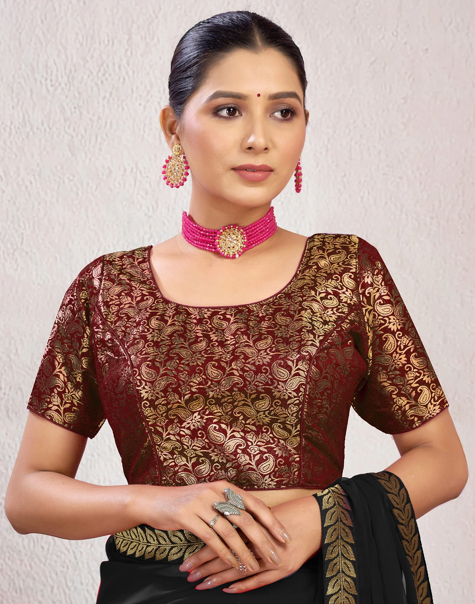 Maroon Brocade Plain Woven Blouse - Image 6