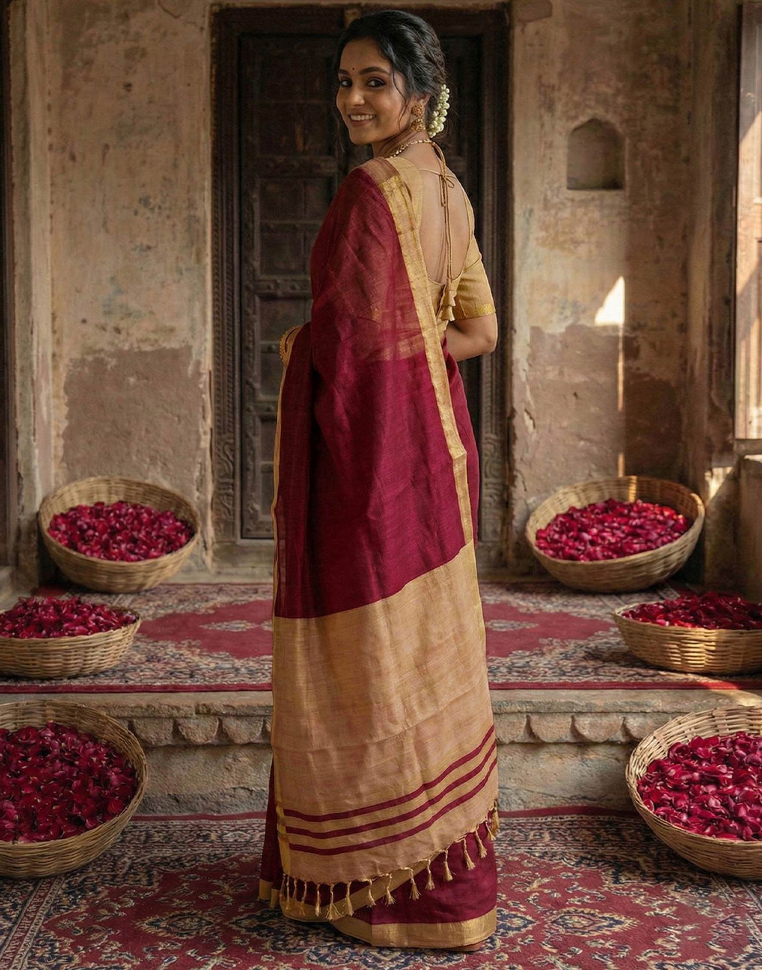 Maroon Chanderi Cotton Zari Border Woven Saree - Image 4