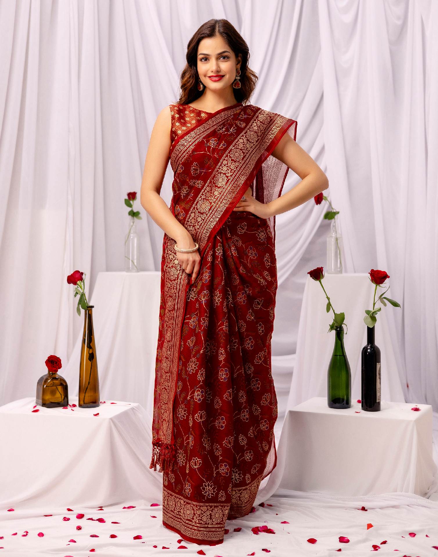 Maroon Chiffon Printed Foil Printed Saree - Image 9