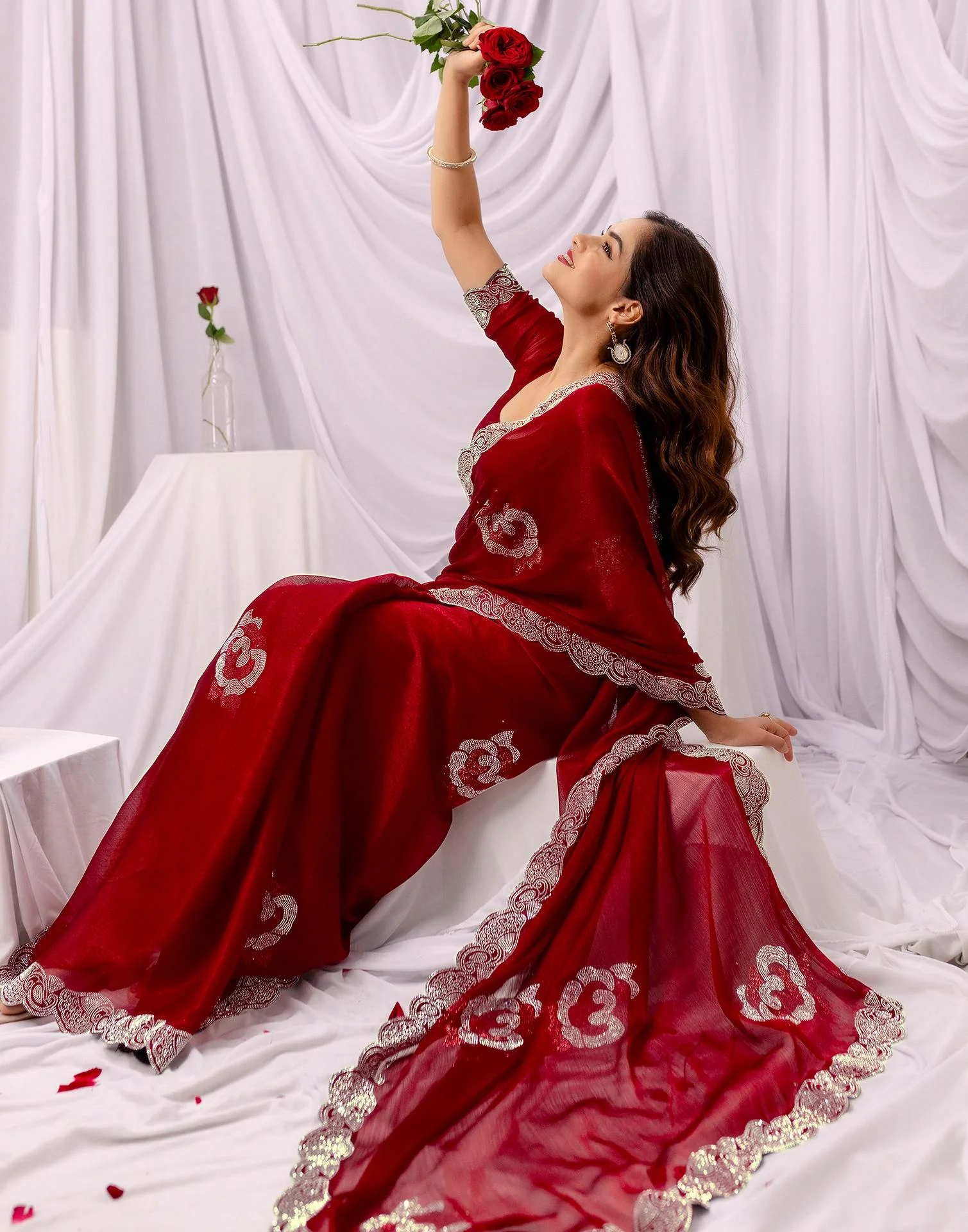 Maroon Chiffon Stone Work Swarovski Saree - Image 6