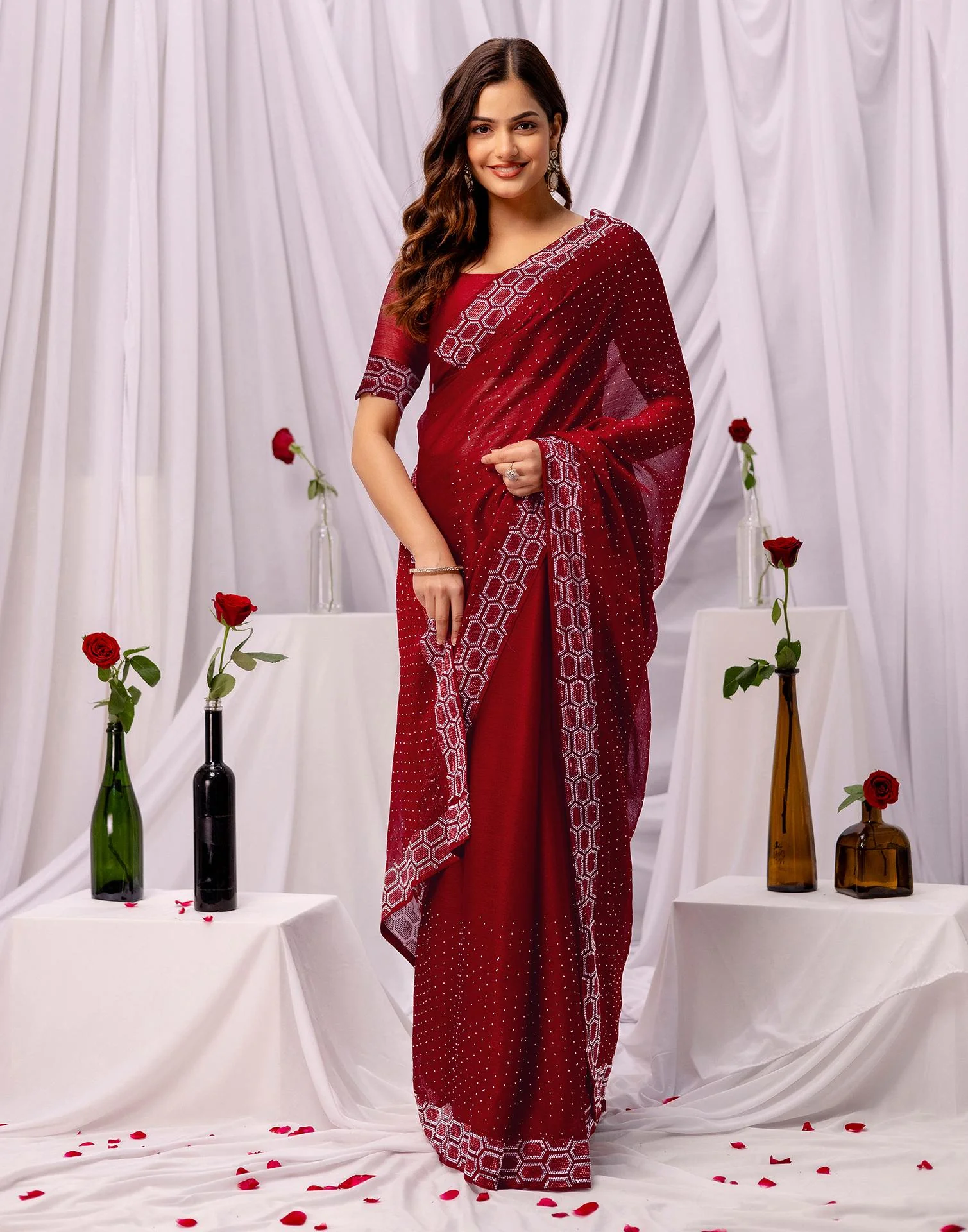 Maroon Chiffon Stone Work Swarovski Saree - Image 7