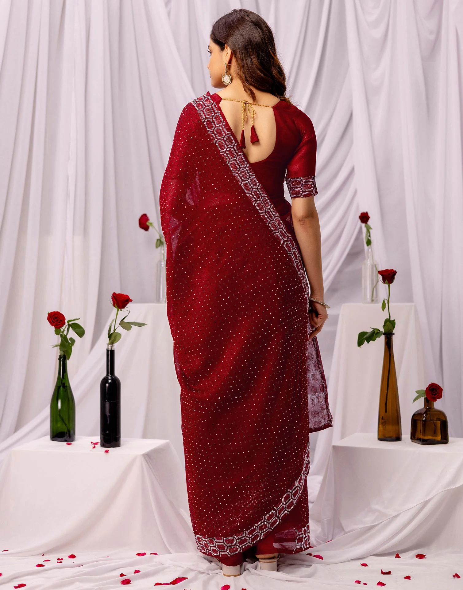 Maroon Chiffon Stone Work Swarovski Saree - Image 8