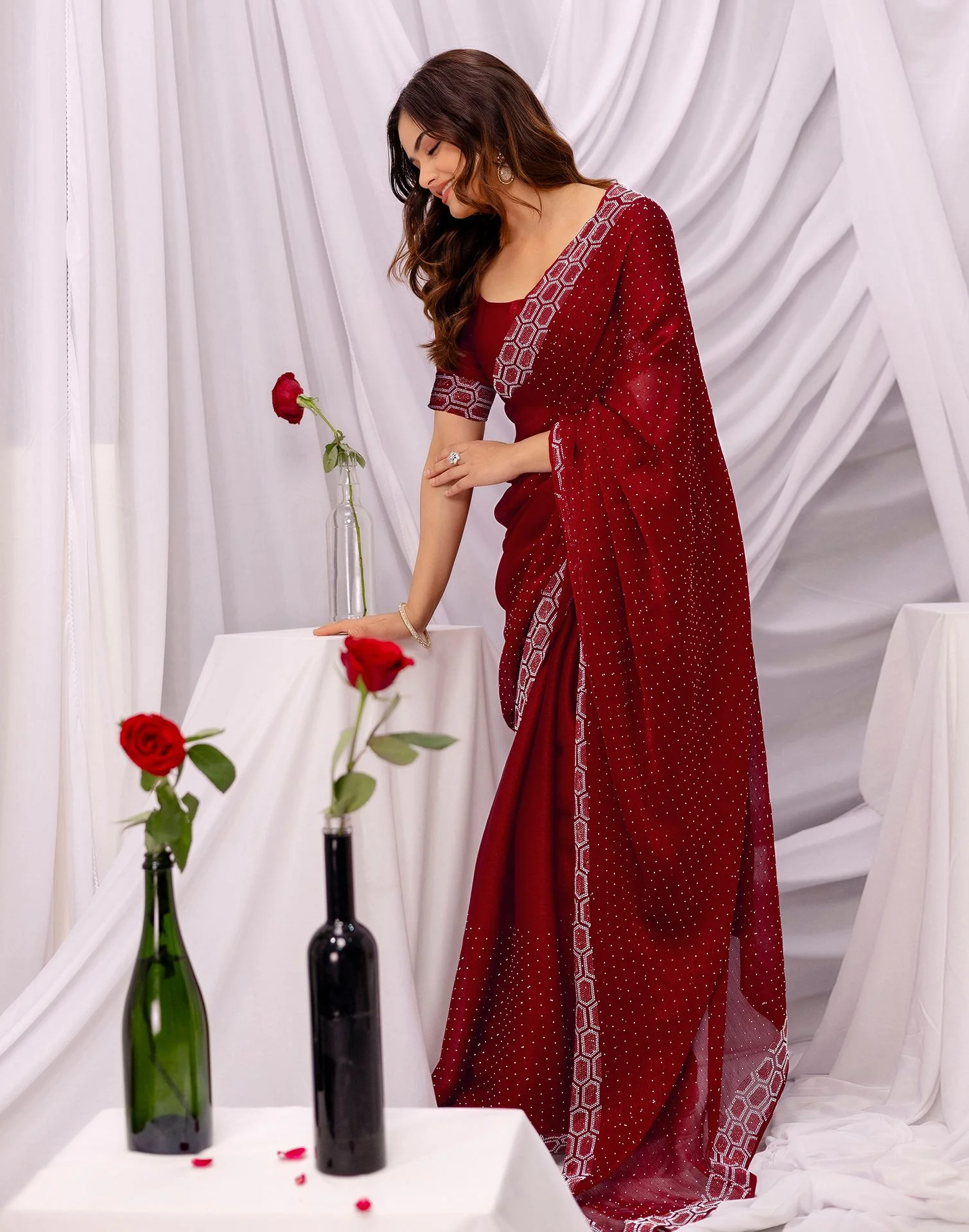Maroon Chiffon Stone Work Swarovski Saree - Image 9