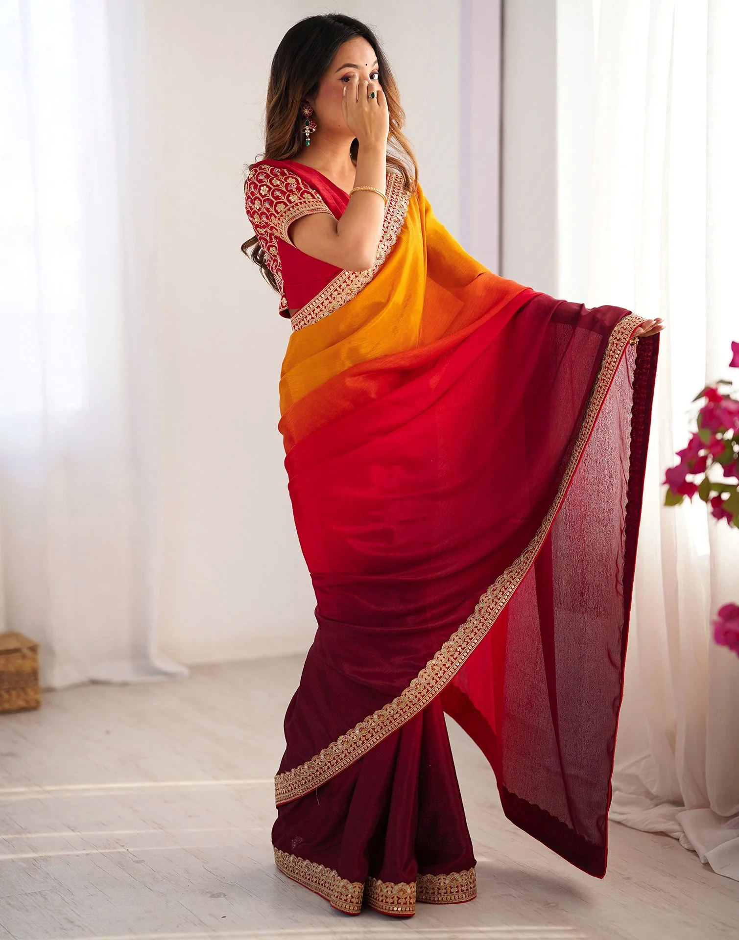 Maroon Chinnon Sequence Lace Saree - Image 9