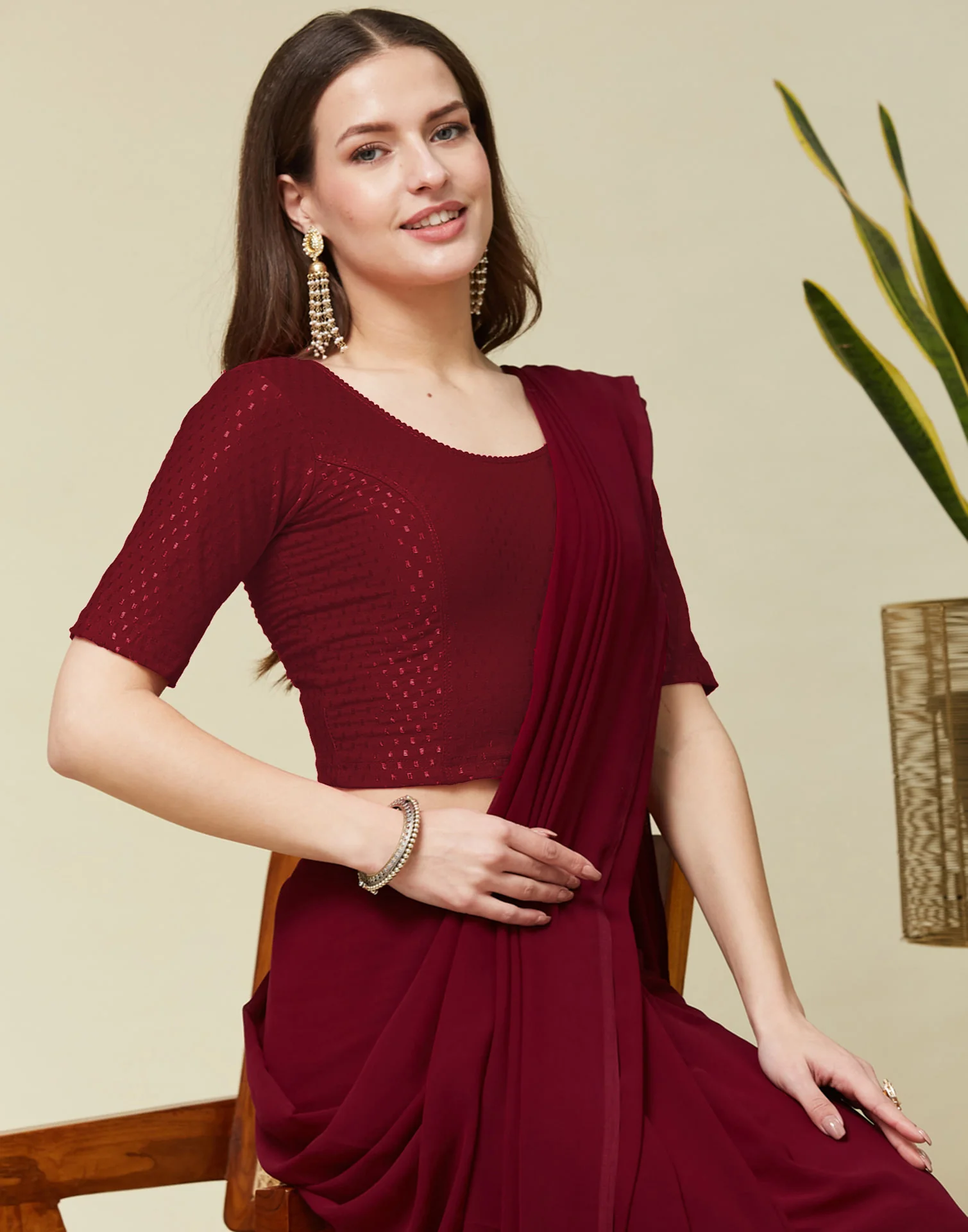 Maroon Cotton Dyed Self Woven Blouse - Image 2