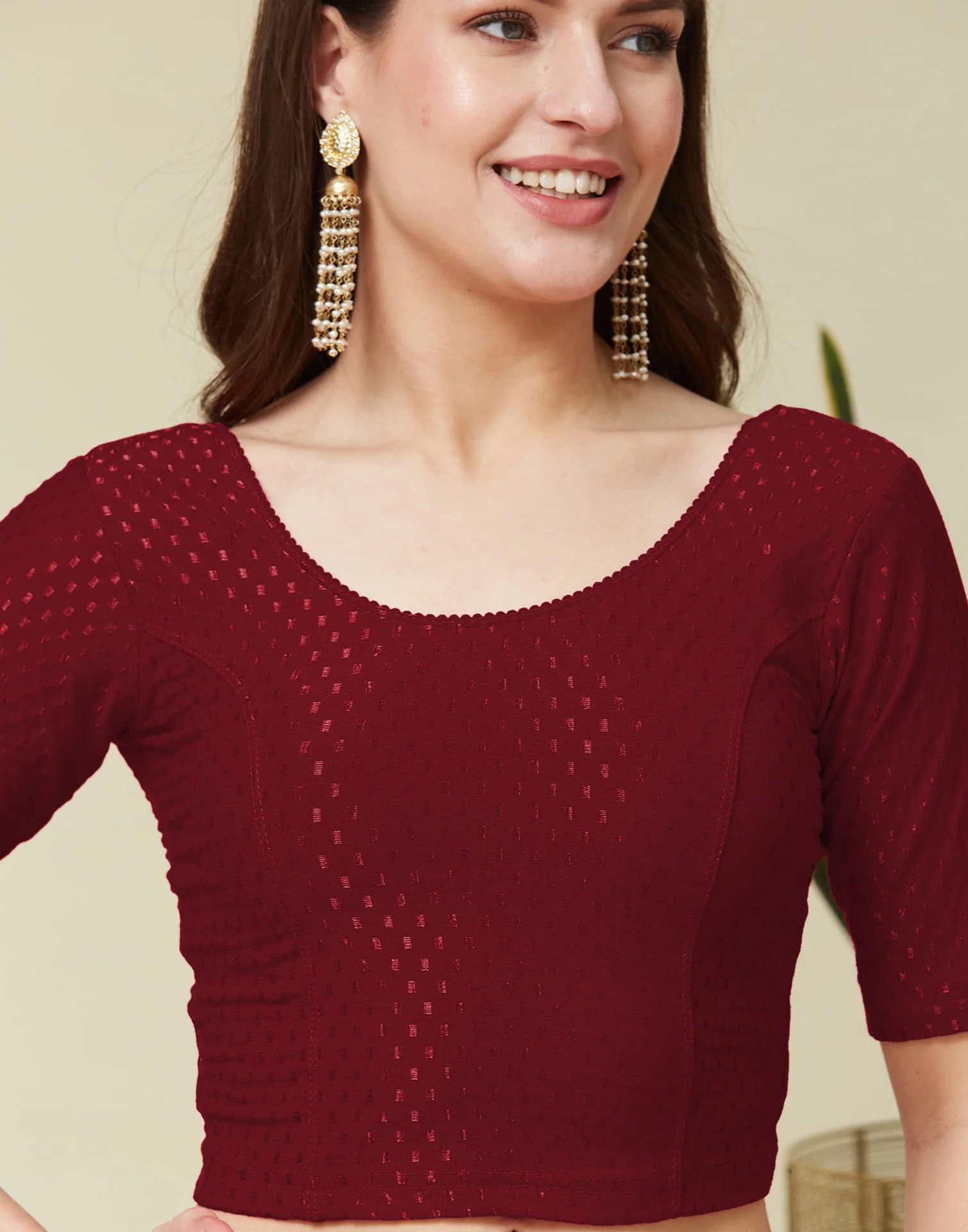 Maroon Cotton Dyed Self Woven Blouse - Image 4