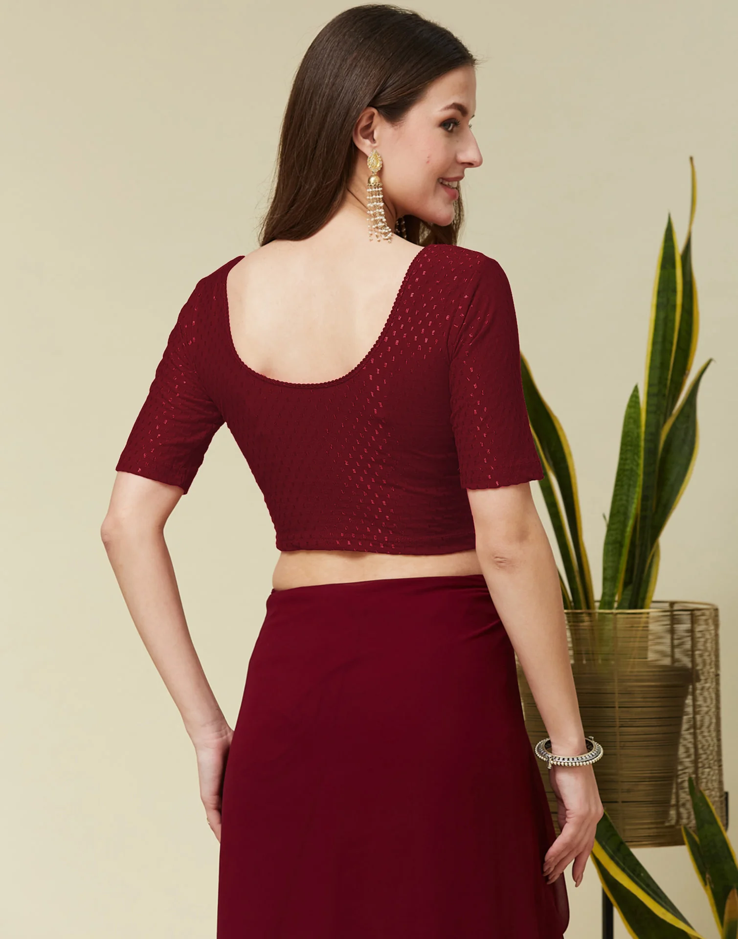 Maroon Cotton Dyed Self Woven Blouse - Image 6
