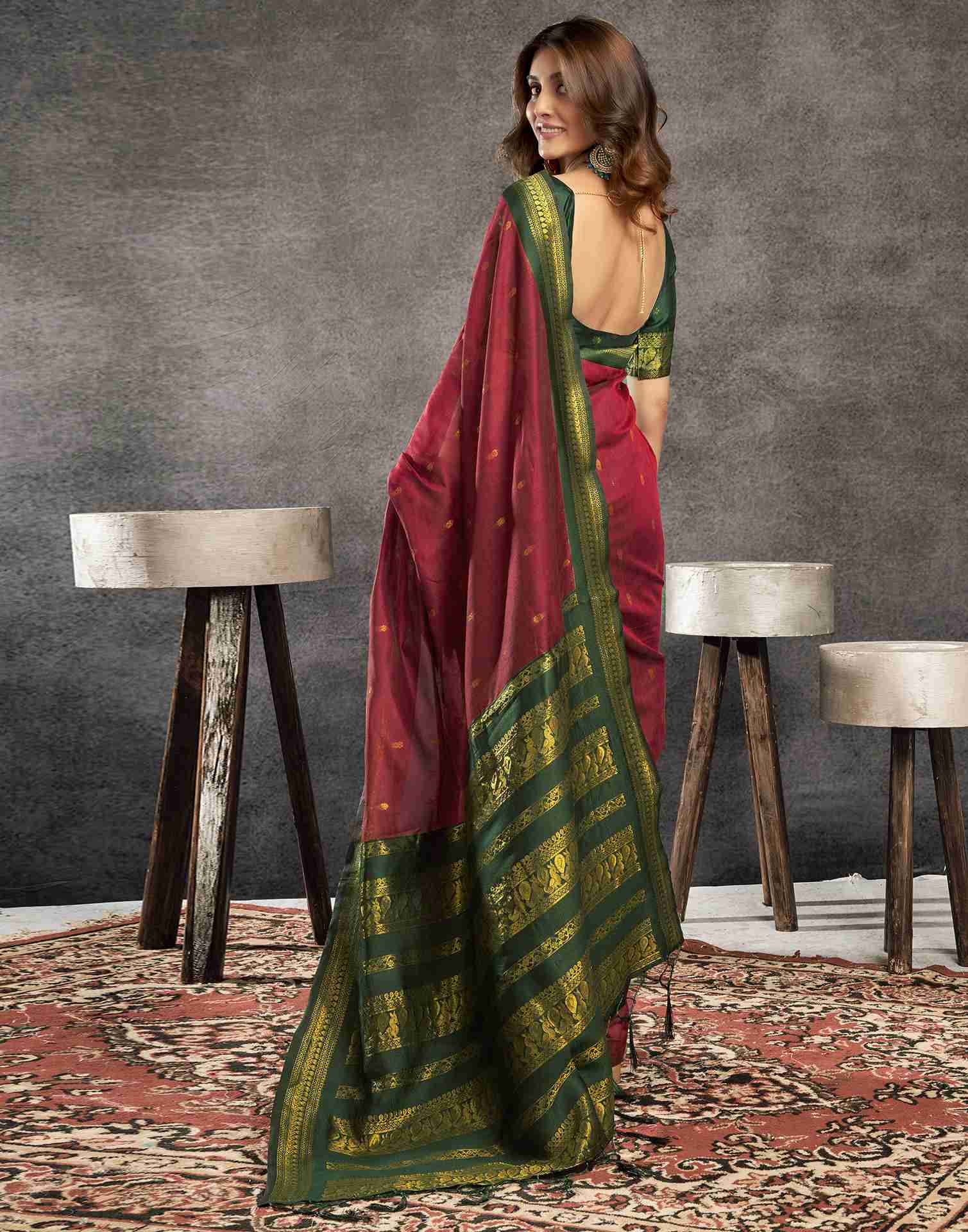 Maroon Cotton Woven Saree - Image 6