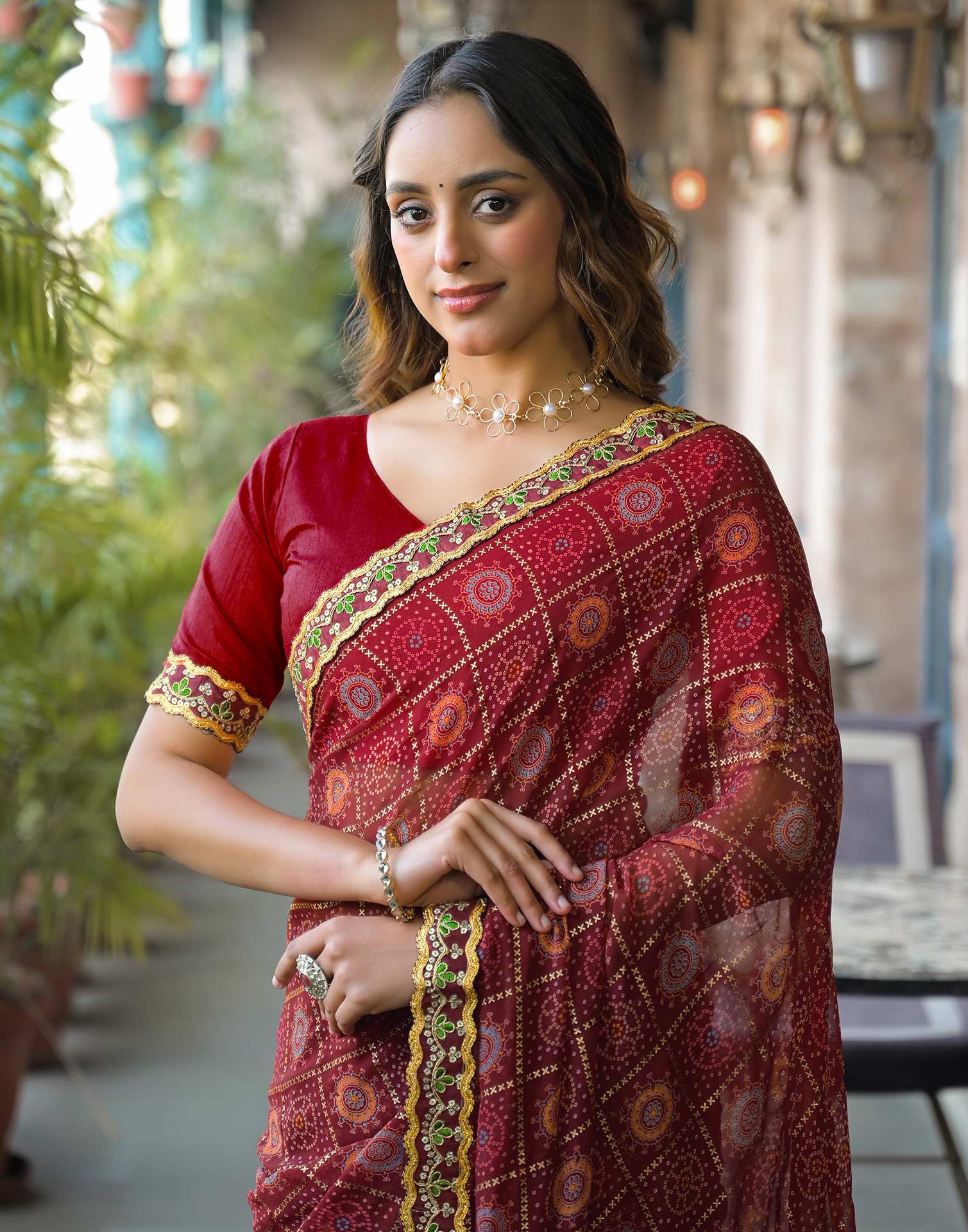 Maroon Georgette Bandhani Printed Lace Saree - Image 2