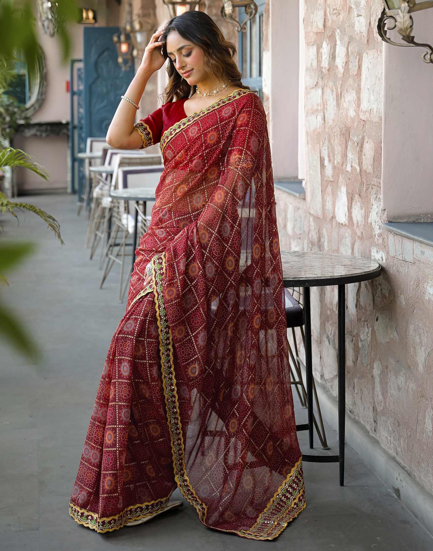 Maroon Georgette Bandhani Printed Lace Saree - Image 5