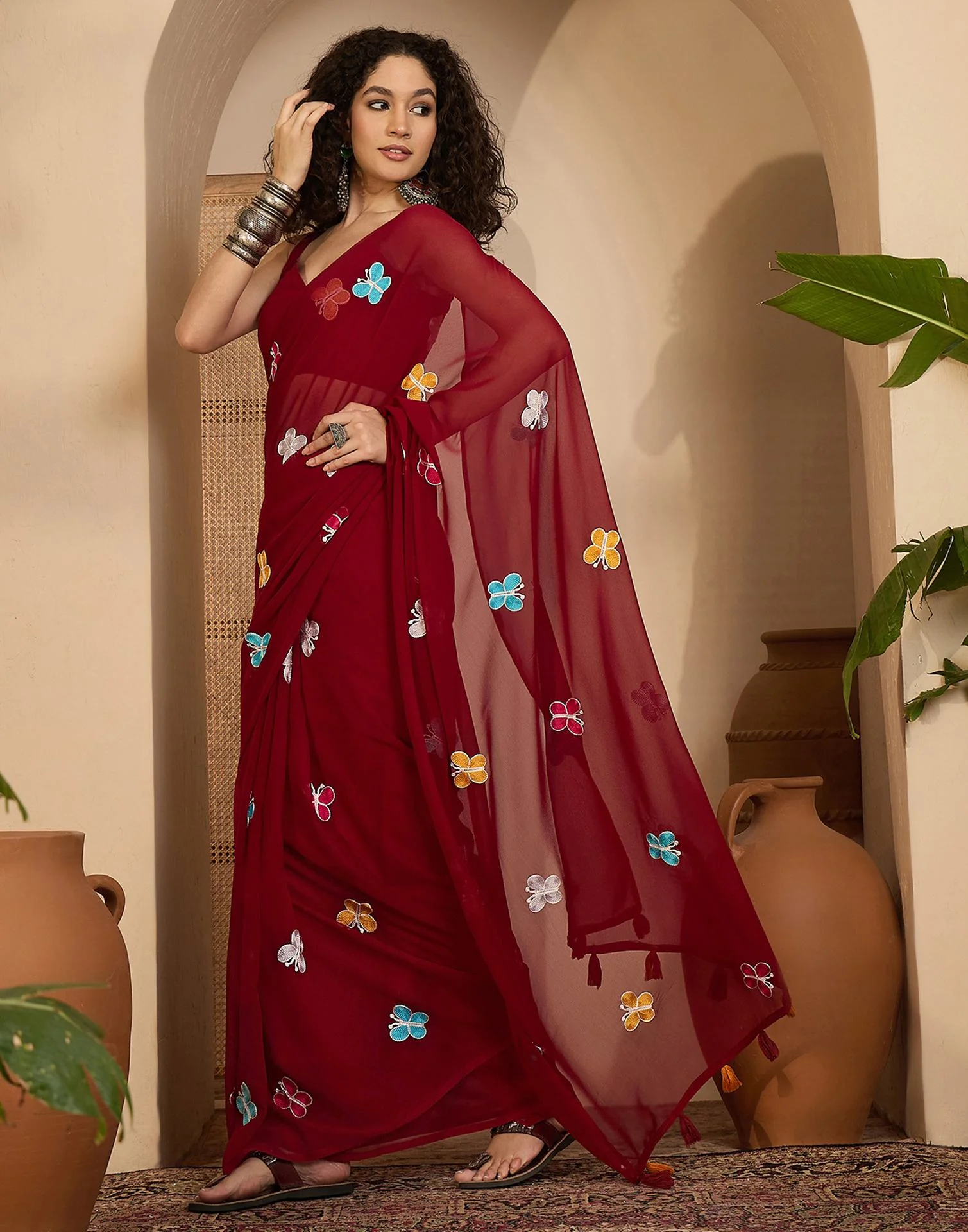 Maroon Georgette Embroidery saree - Image 5